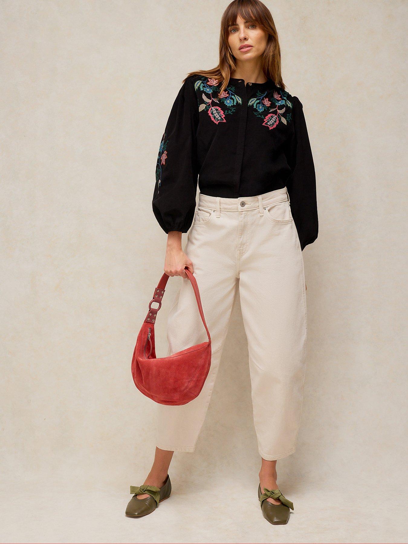 Image 3 of 5 of White Stuff Womens Wren Embroidered Cord Button-Through Top - Black