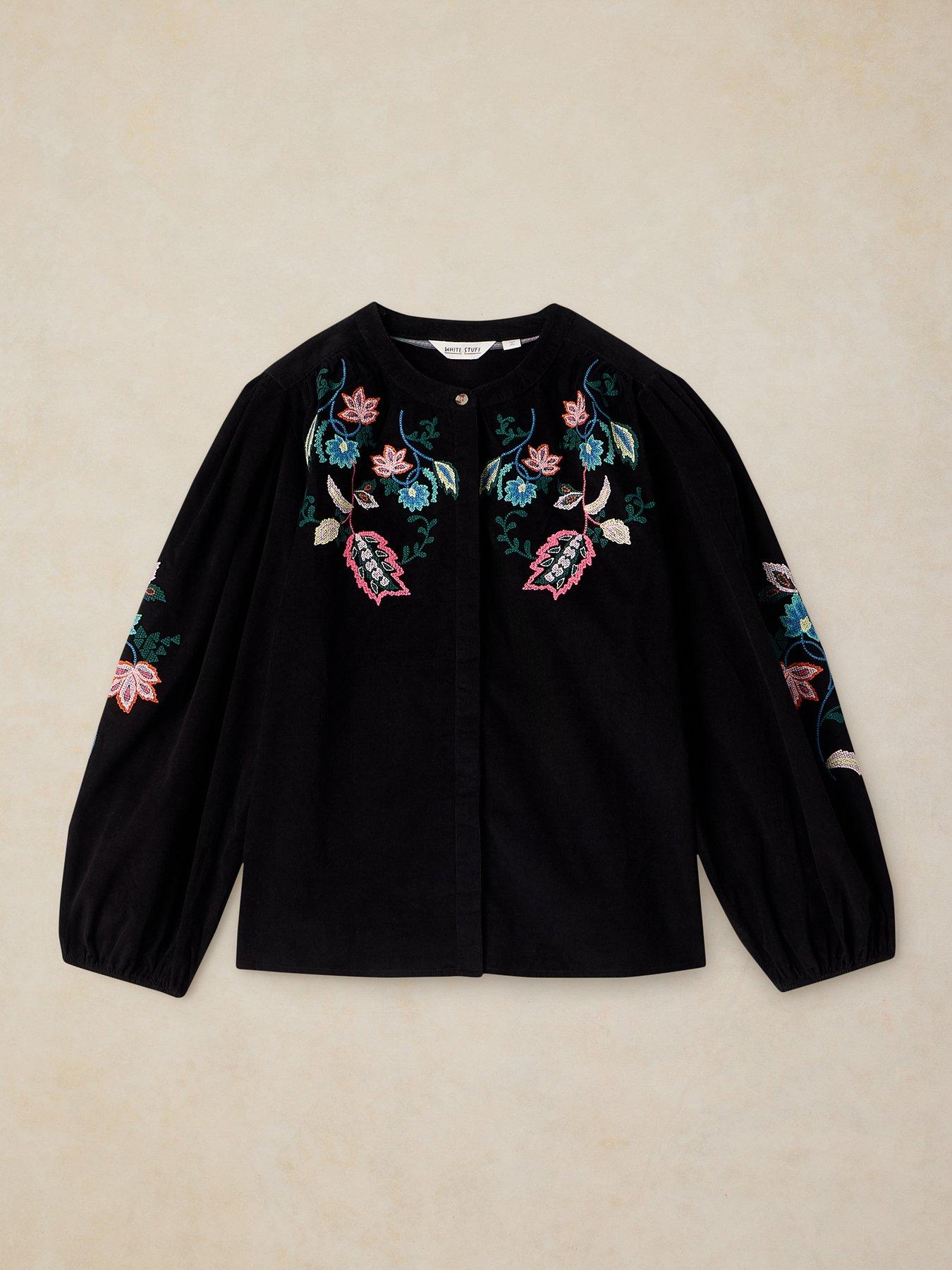 Image 5 of 5 of White Stuff Womens Wren Embroidered Cord Button-Through Top - Black