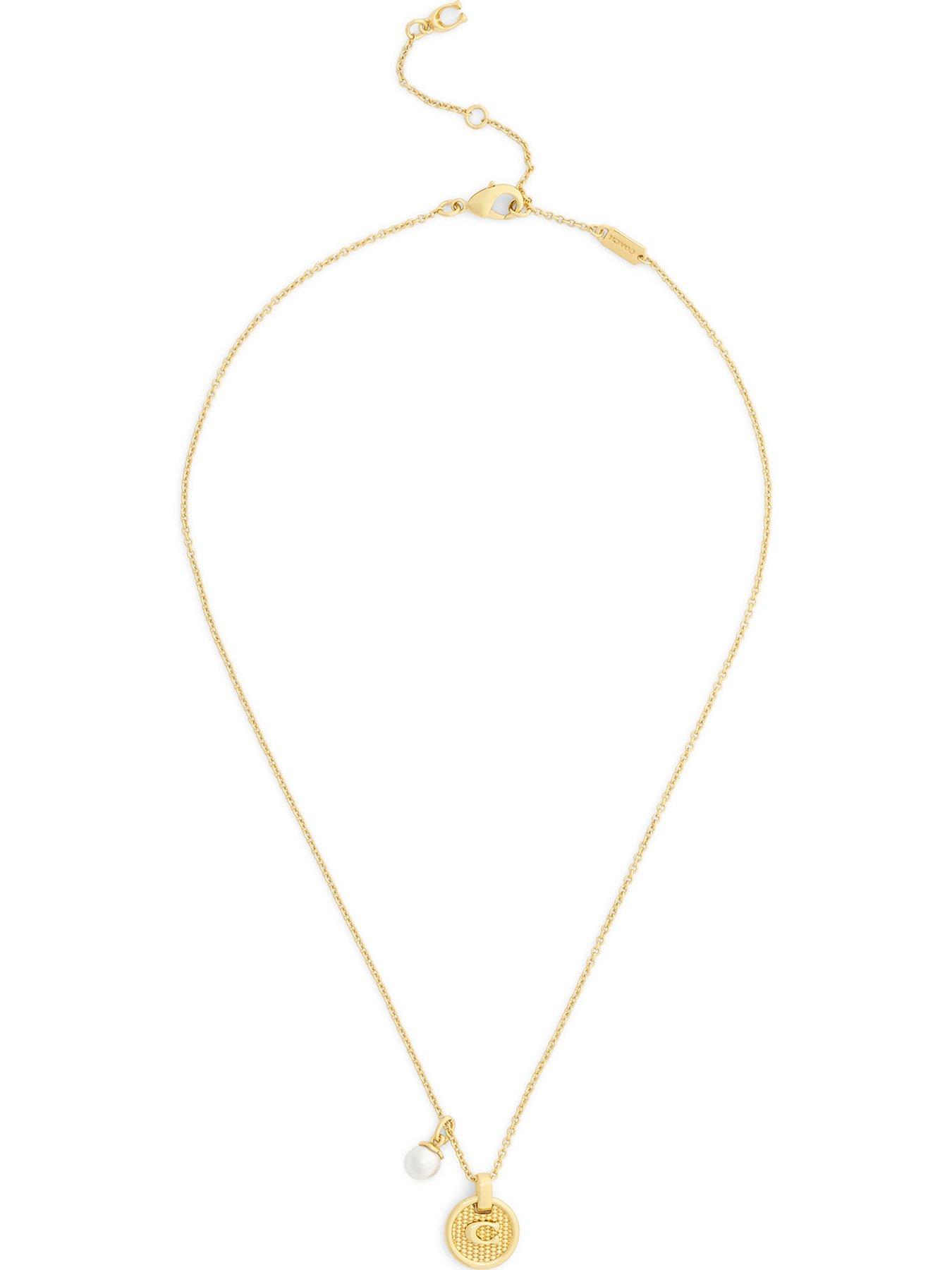 COACH Womens Textured C Pearl CZ Pendant Necklace - Gold