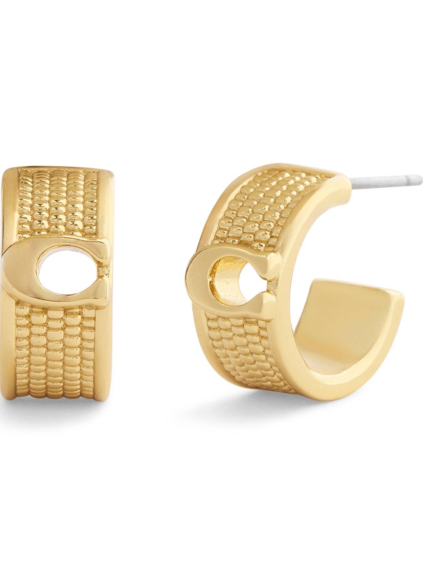 COACH Womens Textured Beaded Sculpted C Huggie Earrings - Gold