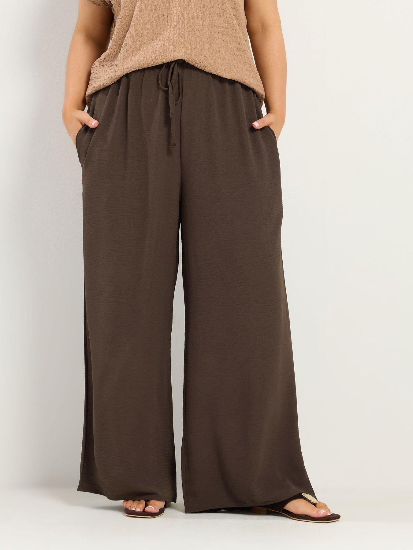 Yours Curve Washed Twill Wide Leg Regular Length Trousers - Brown
