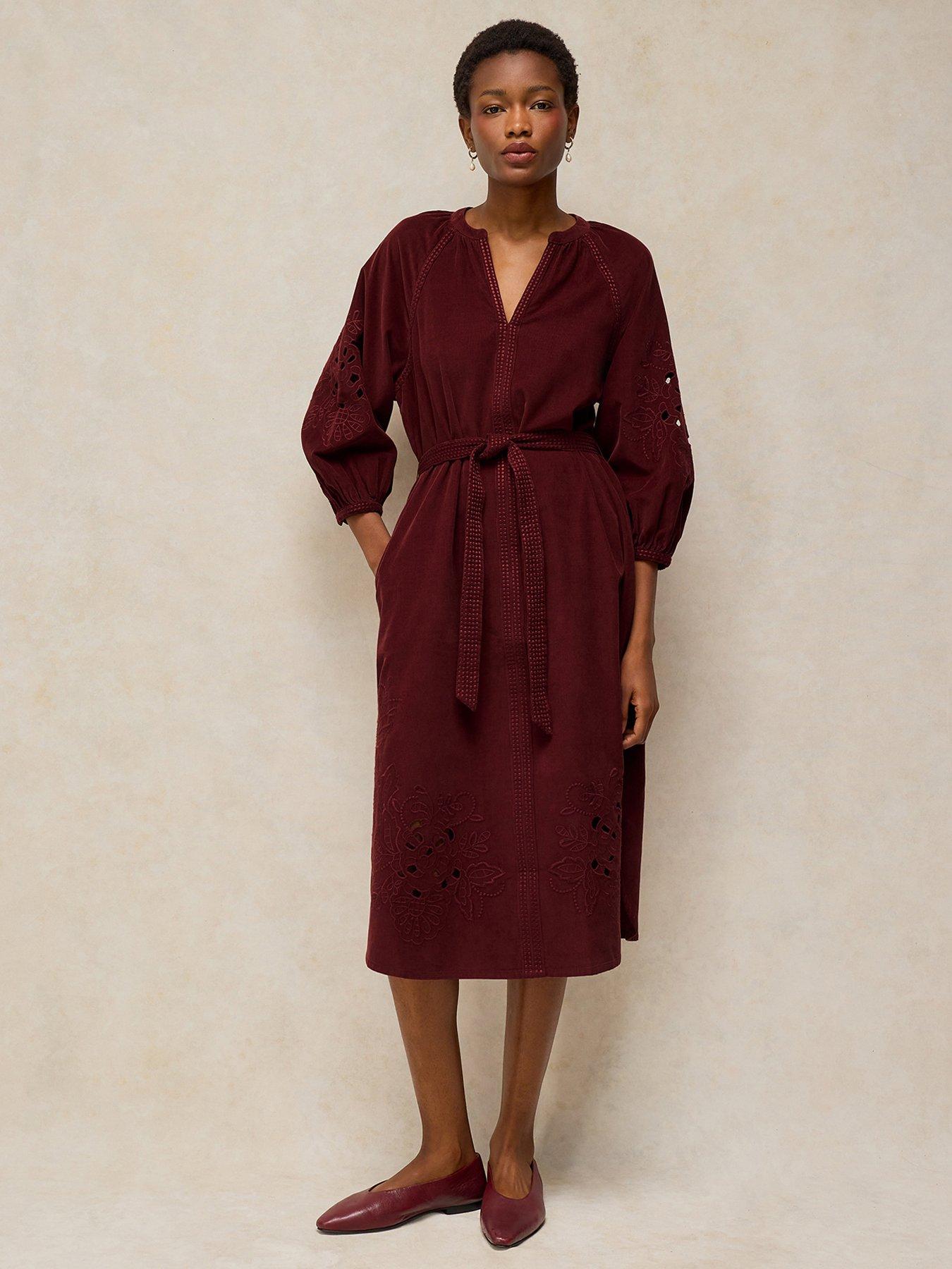 Image 1 of 5 of White Stuff Womens Annika Embroidered Cord Tie Waist Midi Dress - Red