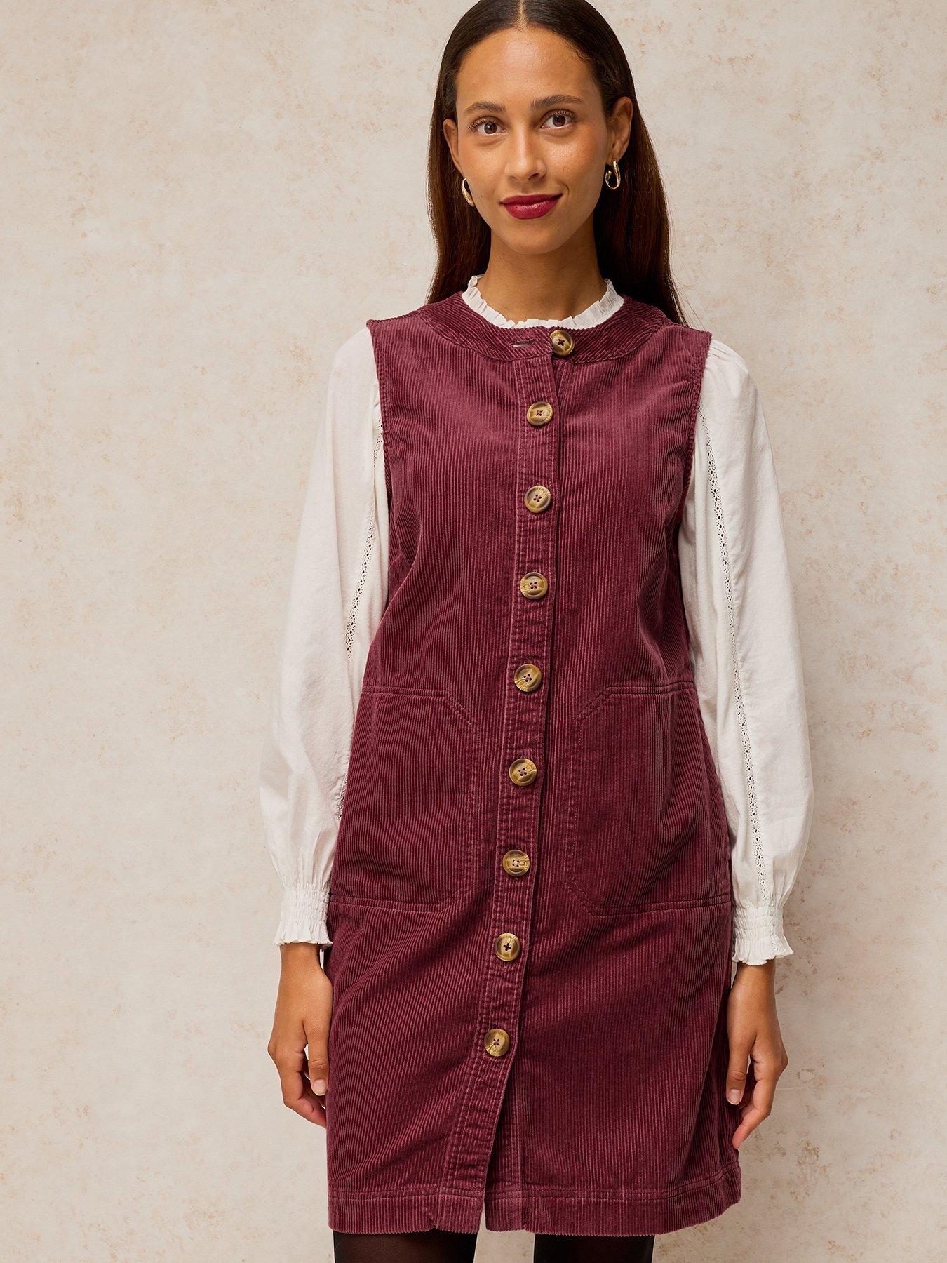 Image 1 of 5 of White Stuff Womens Millie Cord Button-Through Shift Dress - Pink