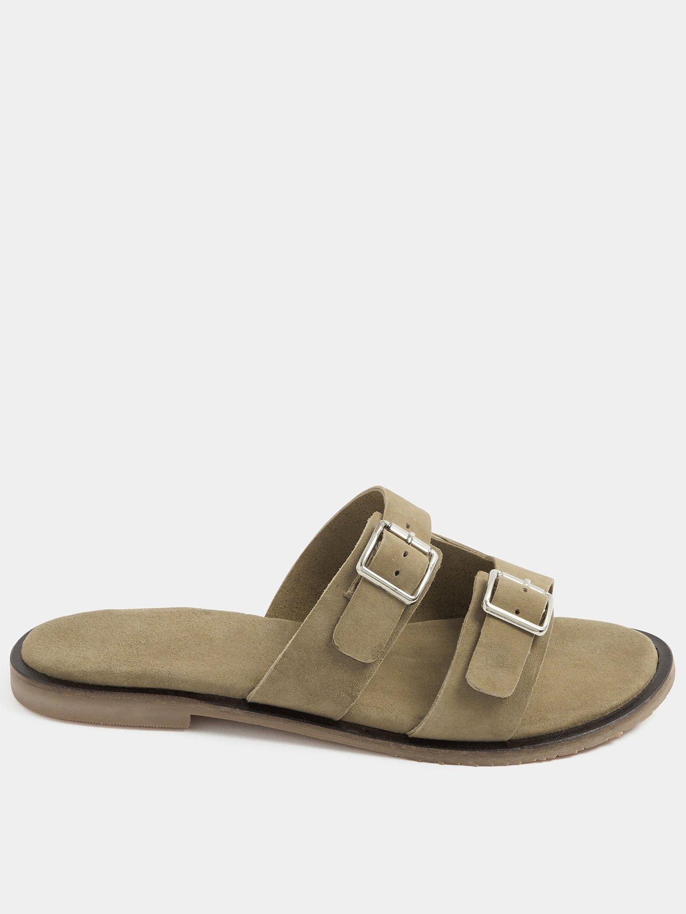Yours Double Buckle Footed Mule In Extra Wide EEE Fit - Taupe Brown