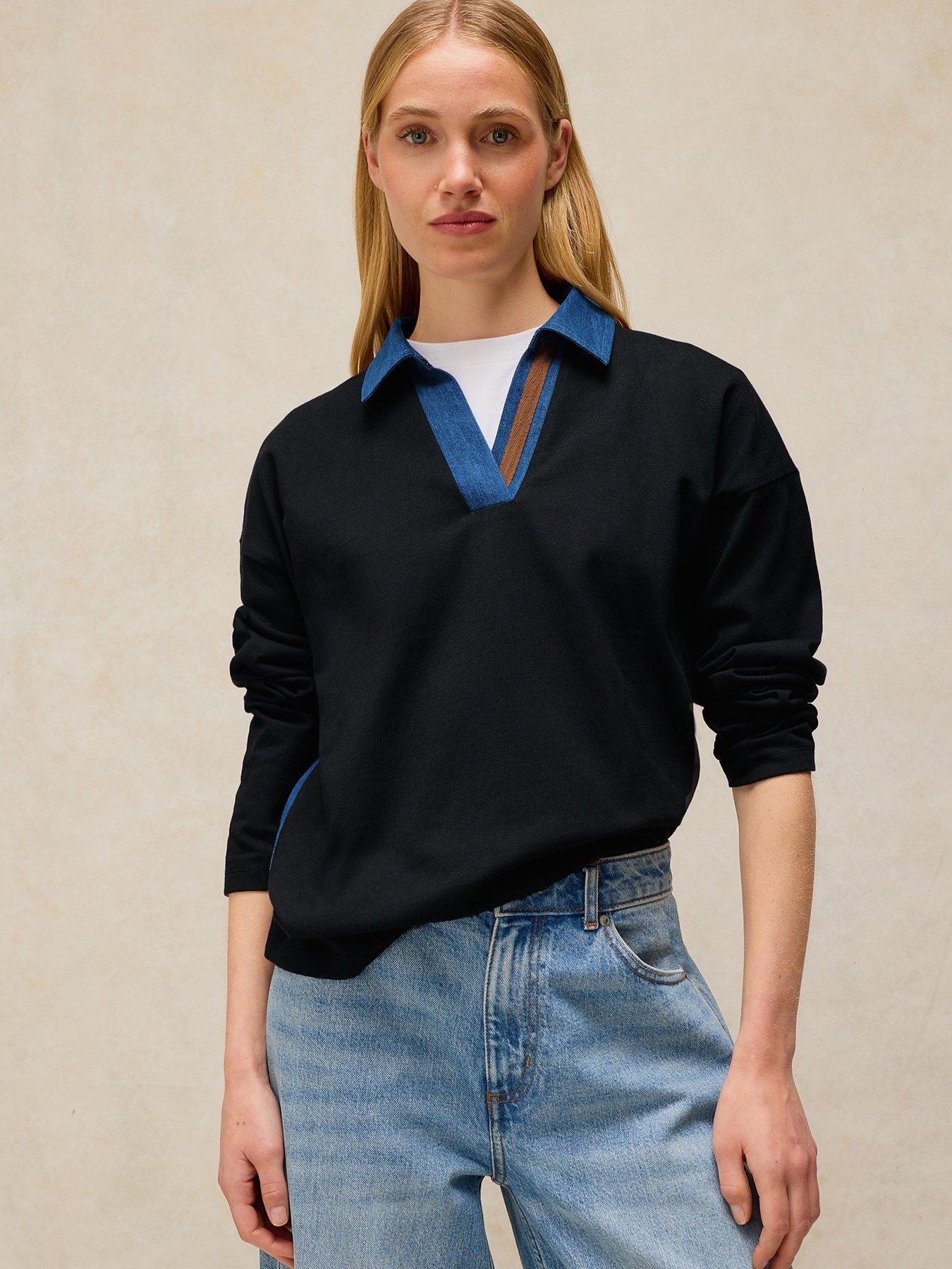 Image 1 of 6 of White Stuff Denim Mix Rugby Top - Blue