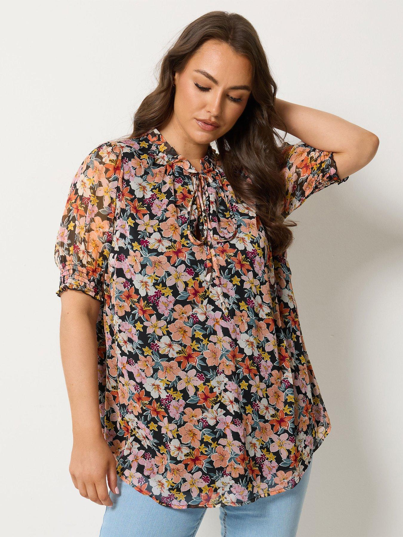 Image 1 of 4 of Yours Curve Frill Neck Lined Blouse - Multi