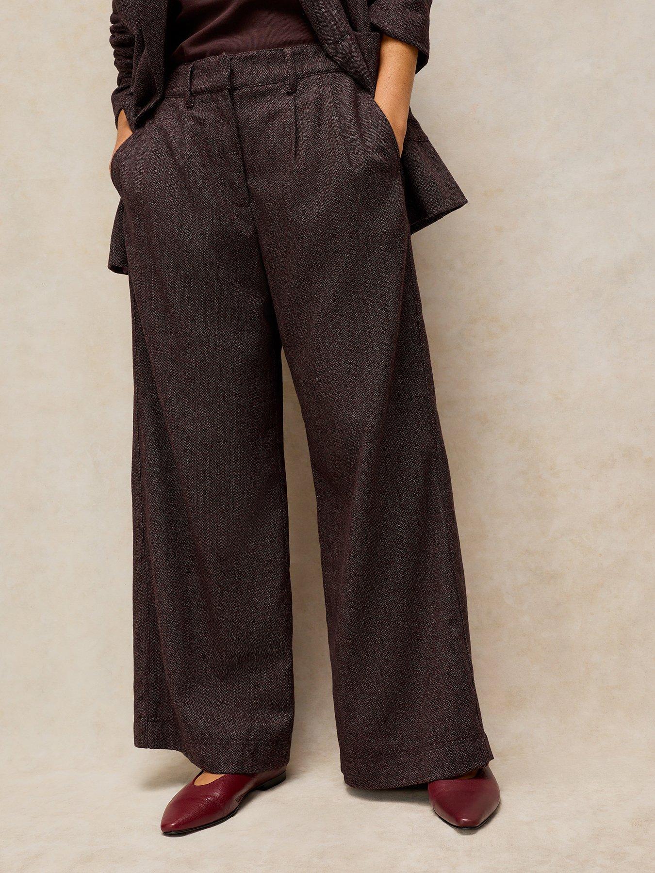 Image 1 of 5 of White Stuff Womens Sasha Wide Leg Pleat Front Tweed-Style Trousers - Plum