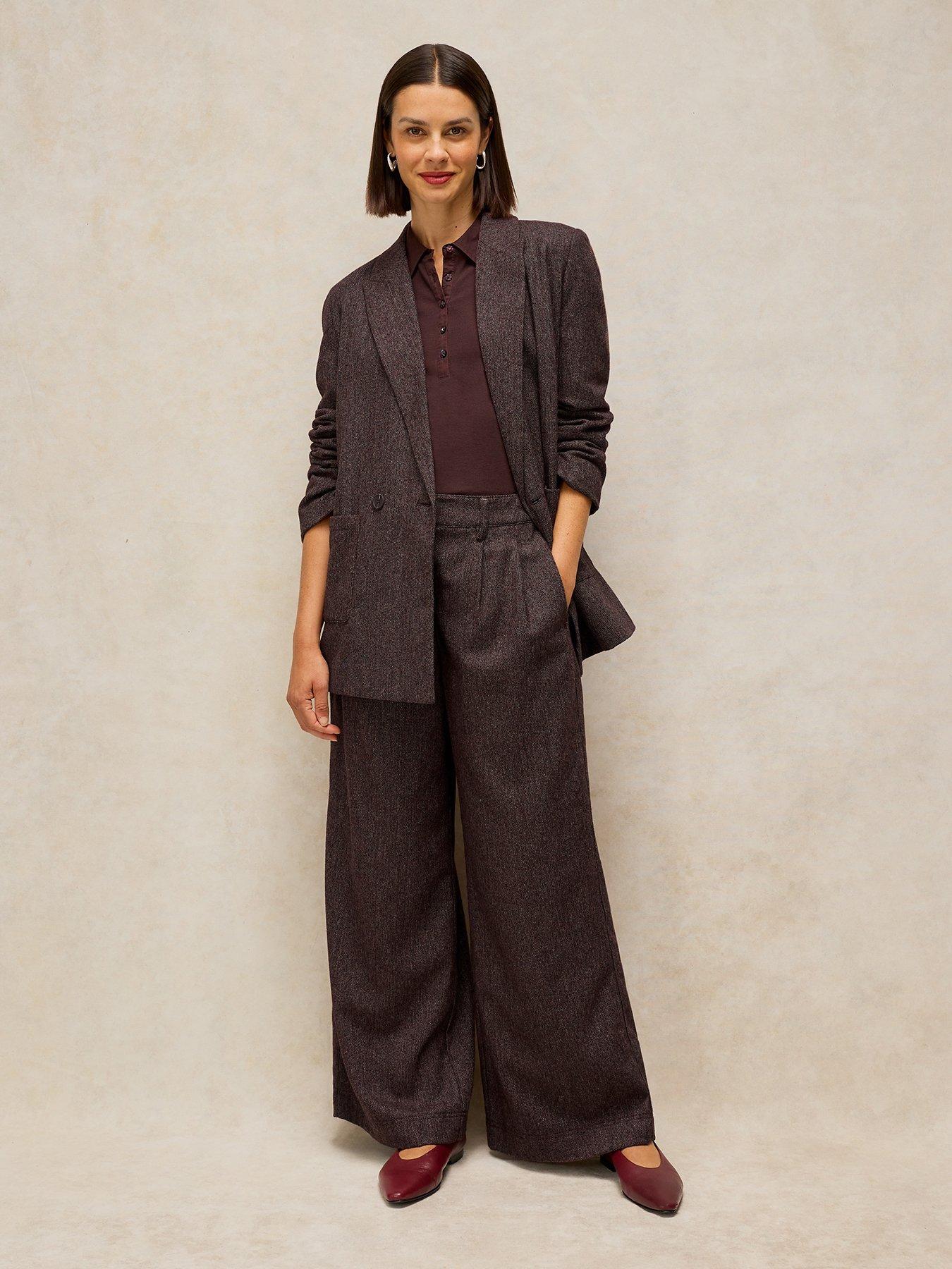 Image 3 of 5 of White Stuff Womens Sasha Wide Leg Pleat Front Tweed-Style Trousers - Plum