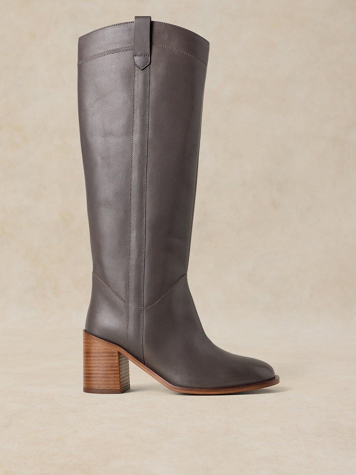 Image 1 of 4 of White Stuff Womens Isla Premium Leather Side Zip Knee High Boots - Grey