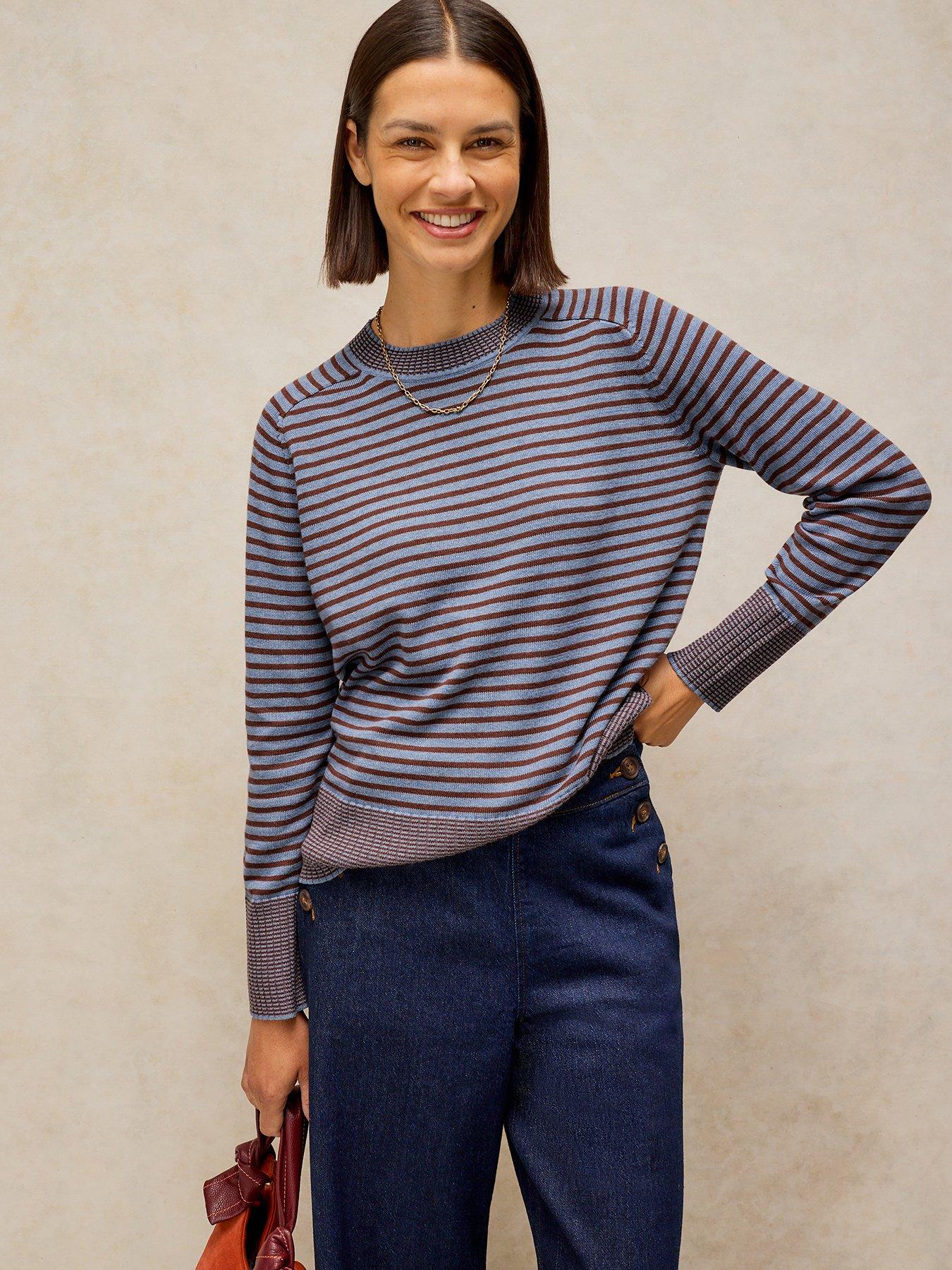 Image 1 of 5 of White Stuff Olive Fine Knit Striped Jumper - Blue