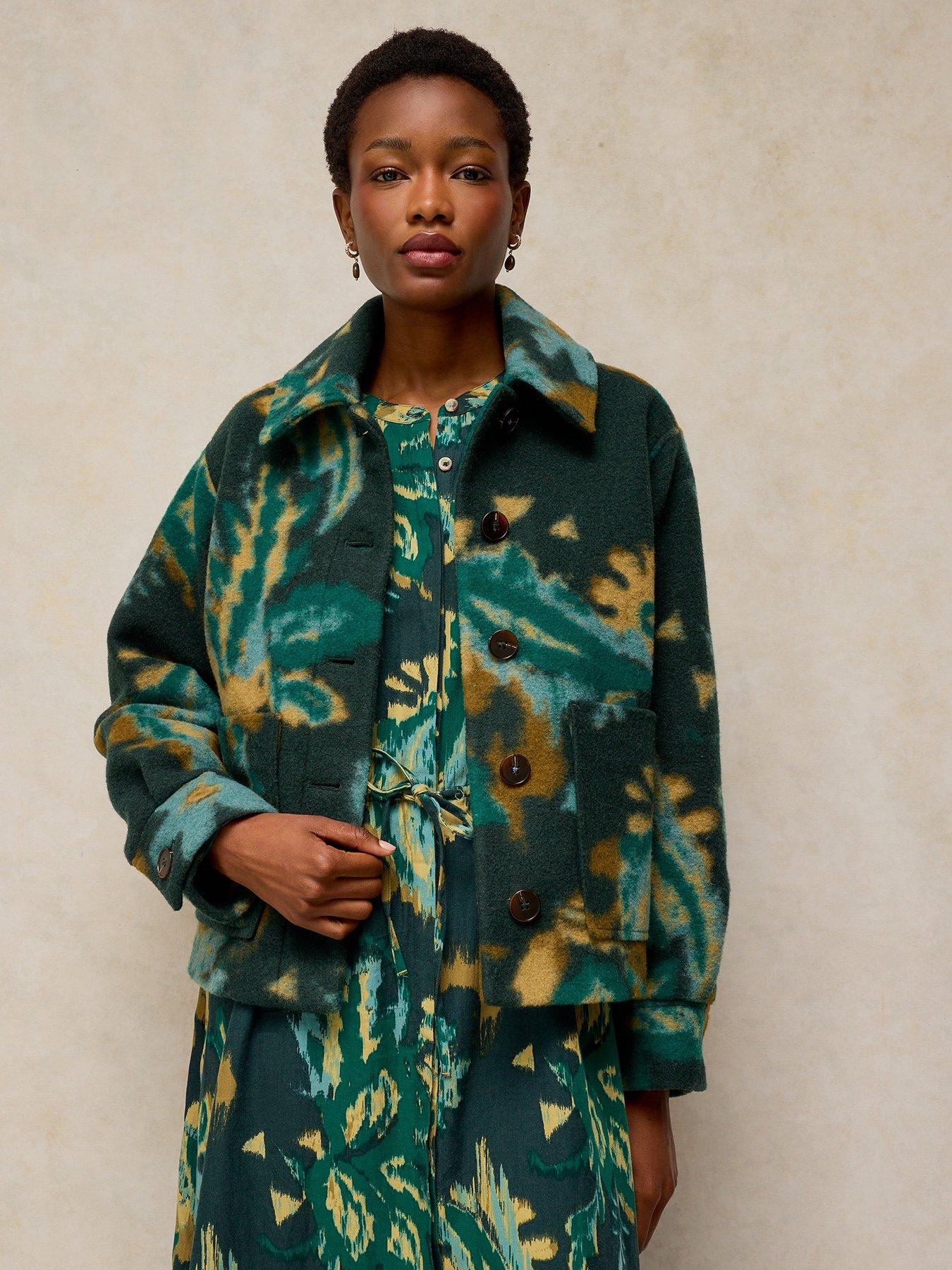 Image 1 of 6 of White Stuff Womens Alexa Wool-Blend Abstract Print Jacket - Green