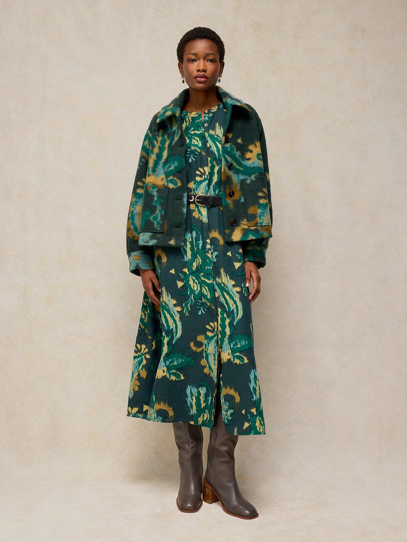 Image 3 of 6 of White Stuff Womens Alexa Wool-Blend Abstract Print Jacket - Green