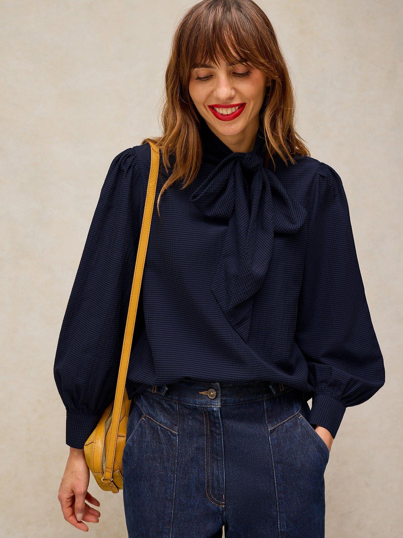 Image 1 of 5 of White Stuff Womens Fleur Tie-Neck Textured Relaxed Blouse - Blue