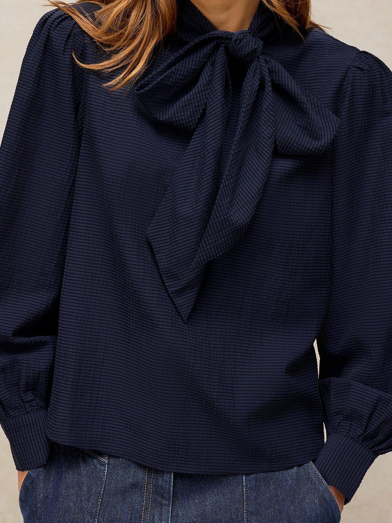 Image 4 of 5 of White Stuff Womens Fleur Tie-Neck Textured Relaxed Blouse - Blue