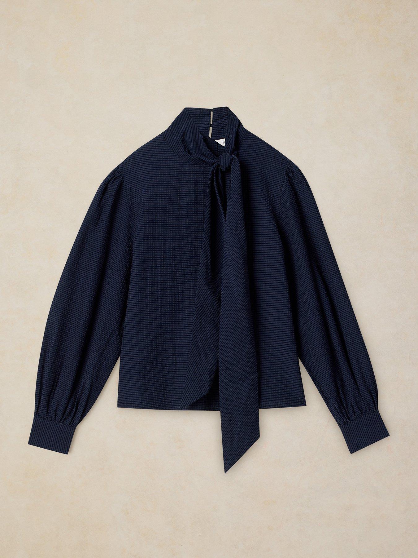 Image 5 of 5 of White Stuff Womens Fleur Tie-Neck Textured Relaxed Blouse - Blue