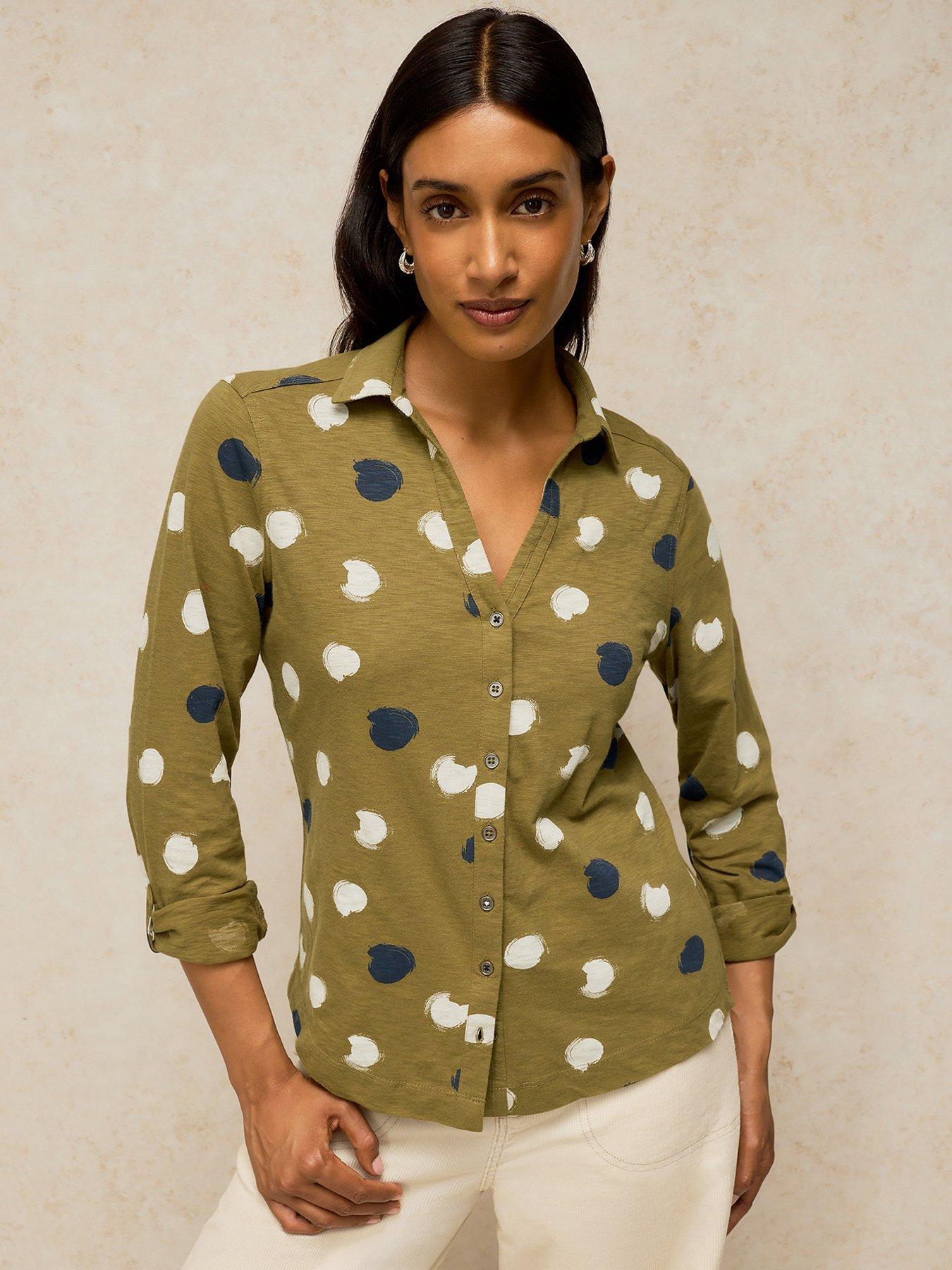 Image 1 of 5 of White Stuff Annie Printed Jersey Button Through Shirt - Green