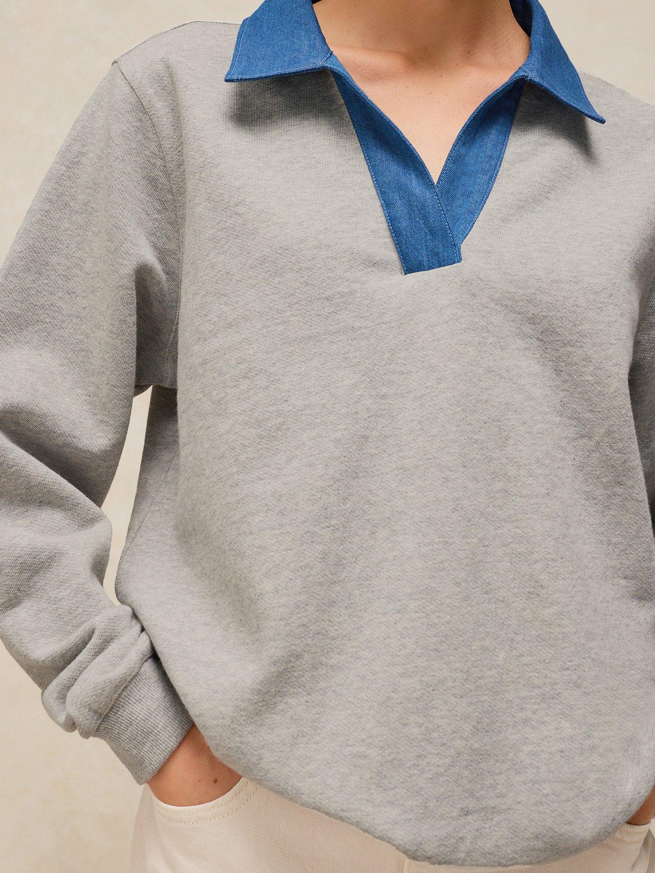 Image 1 of 6 of White Stuff Danni Denim Collared Sweatshirt - Grey
