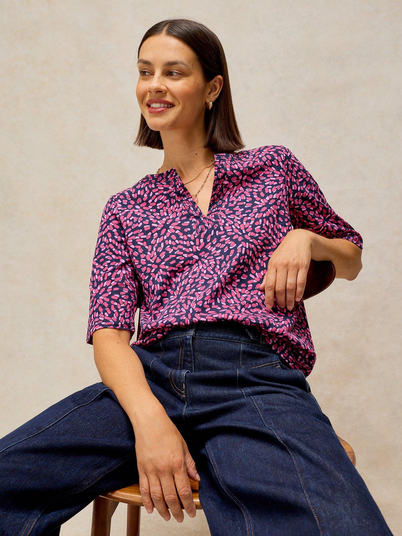 Image 4 of 5 of White Stuff Weaver Notch Neck Tee - Pink