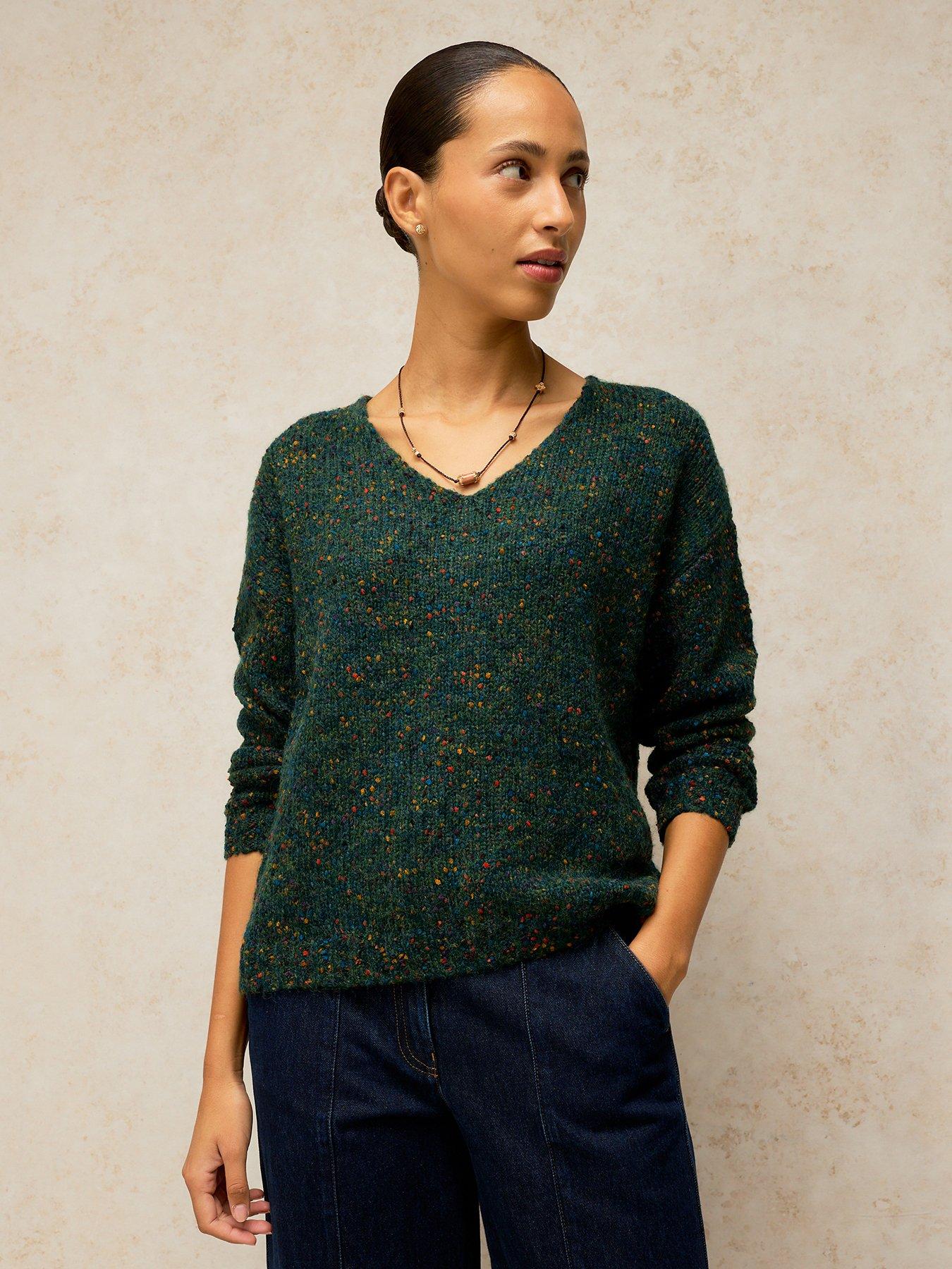 Image 1 of 5 of White Stuff Womens Textured V-Neck Long Sleeve Jumper - Green