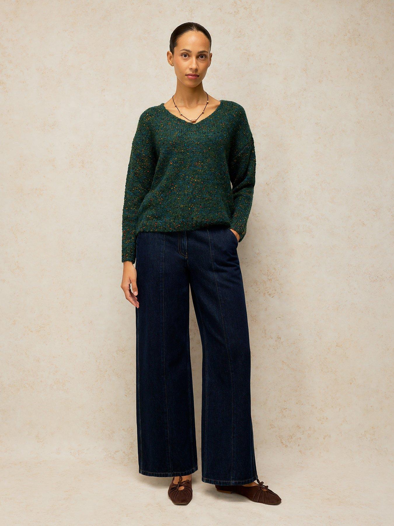 Image 3 of 5 of White Stuff Womens Textured V-Neck Long Sleeve Jumper - Green