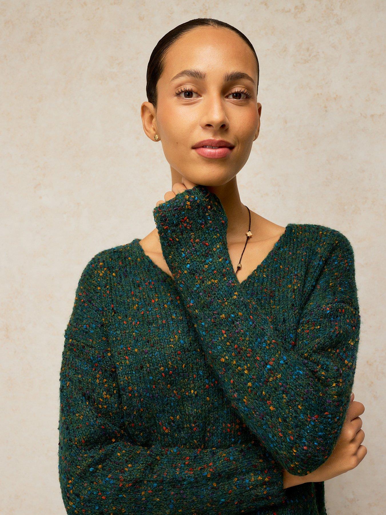 Image 4 of 5 of White Stuff Womens Textured V-Neck Long Sleeve Jumper - Green