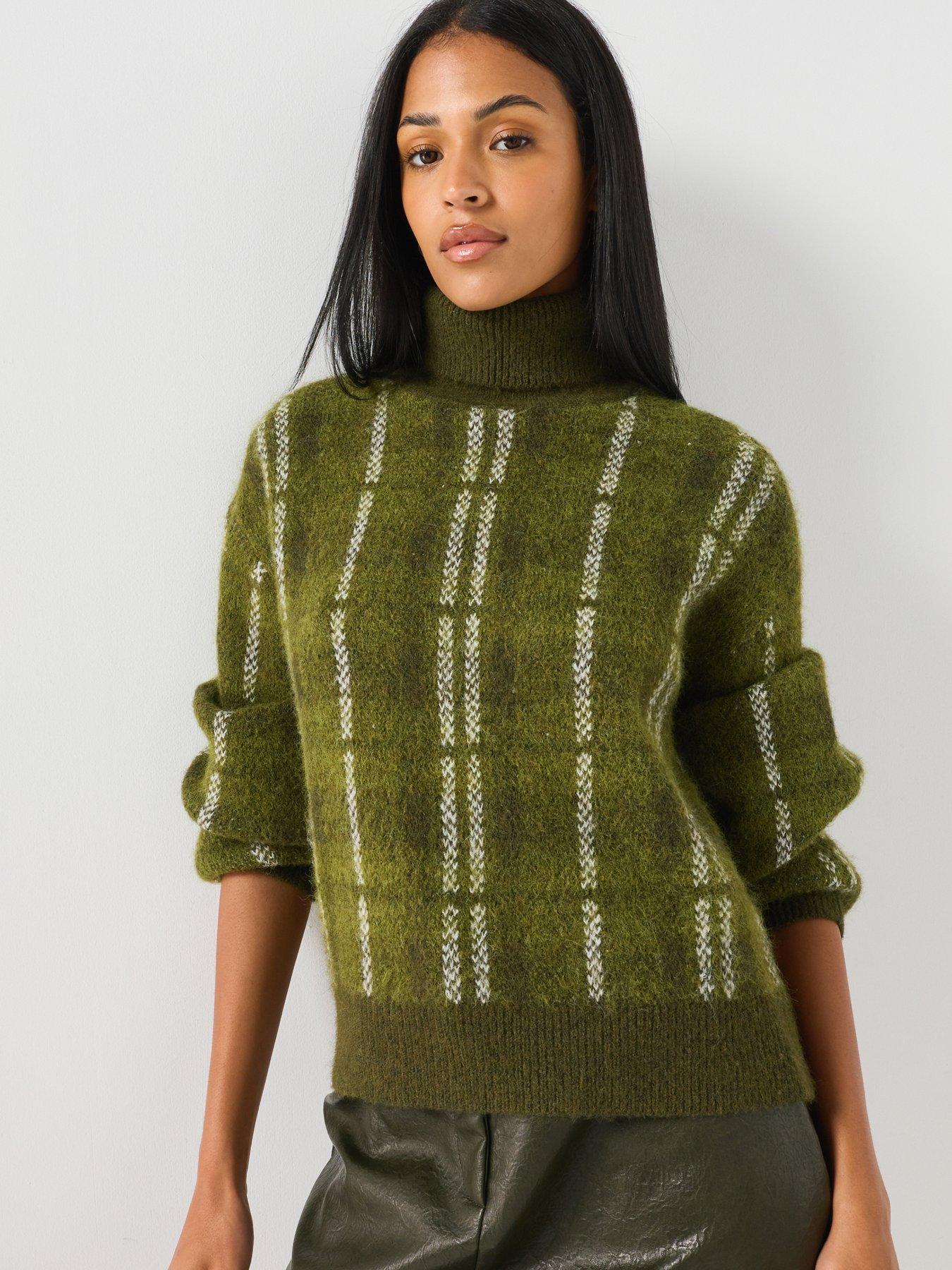 Image 1 of 5 of Vero Moda Womens High Neck Check Knit Jumper - Green