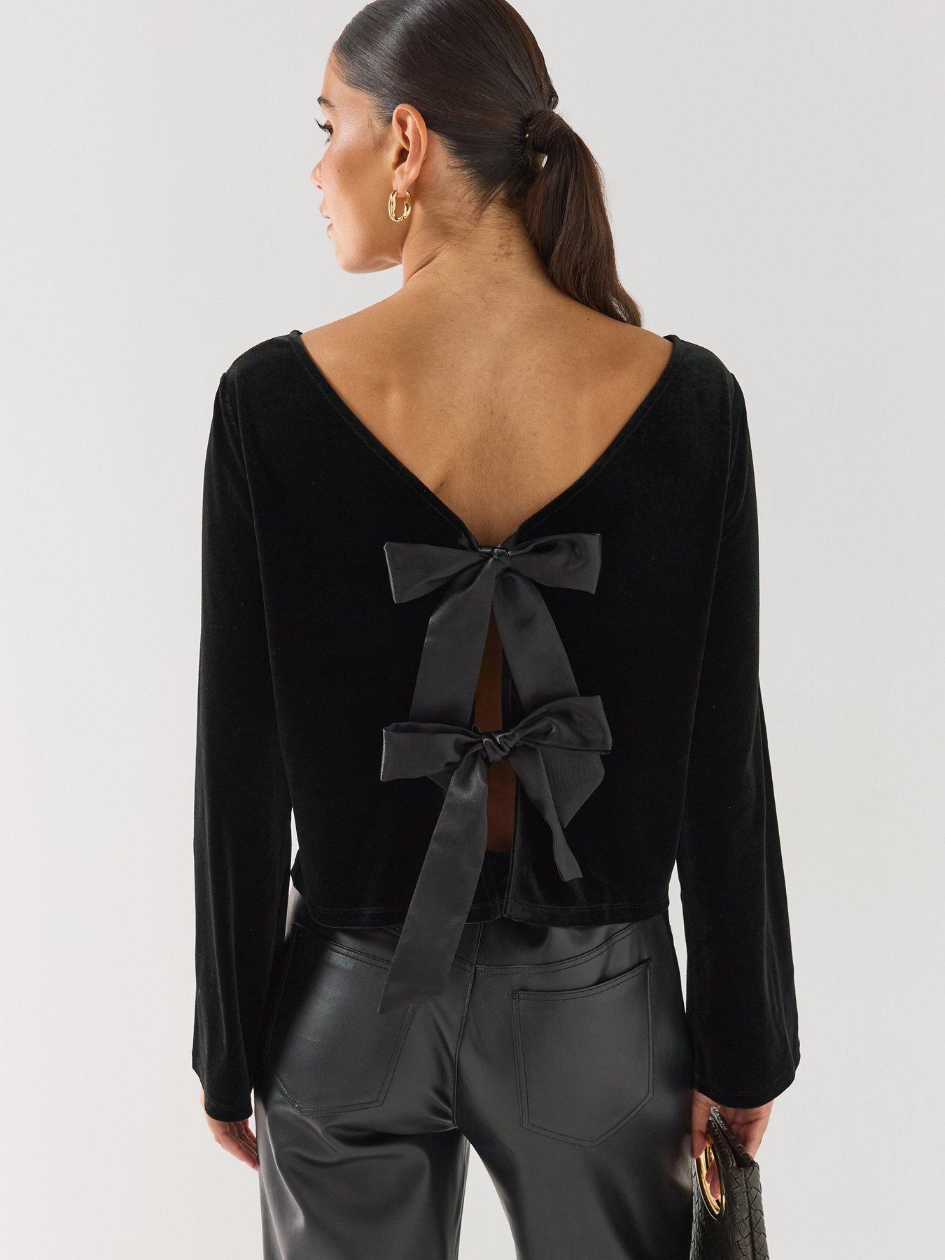 Image 1 of 6 of JDY Womens Jdyvictory Velvet-look Open Back Bow Blouse - Black