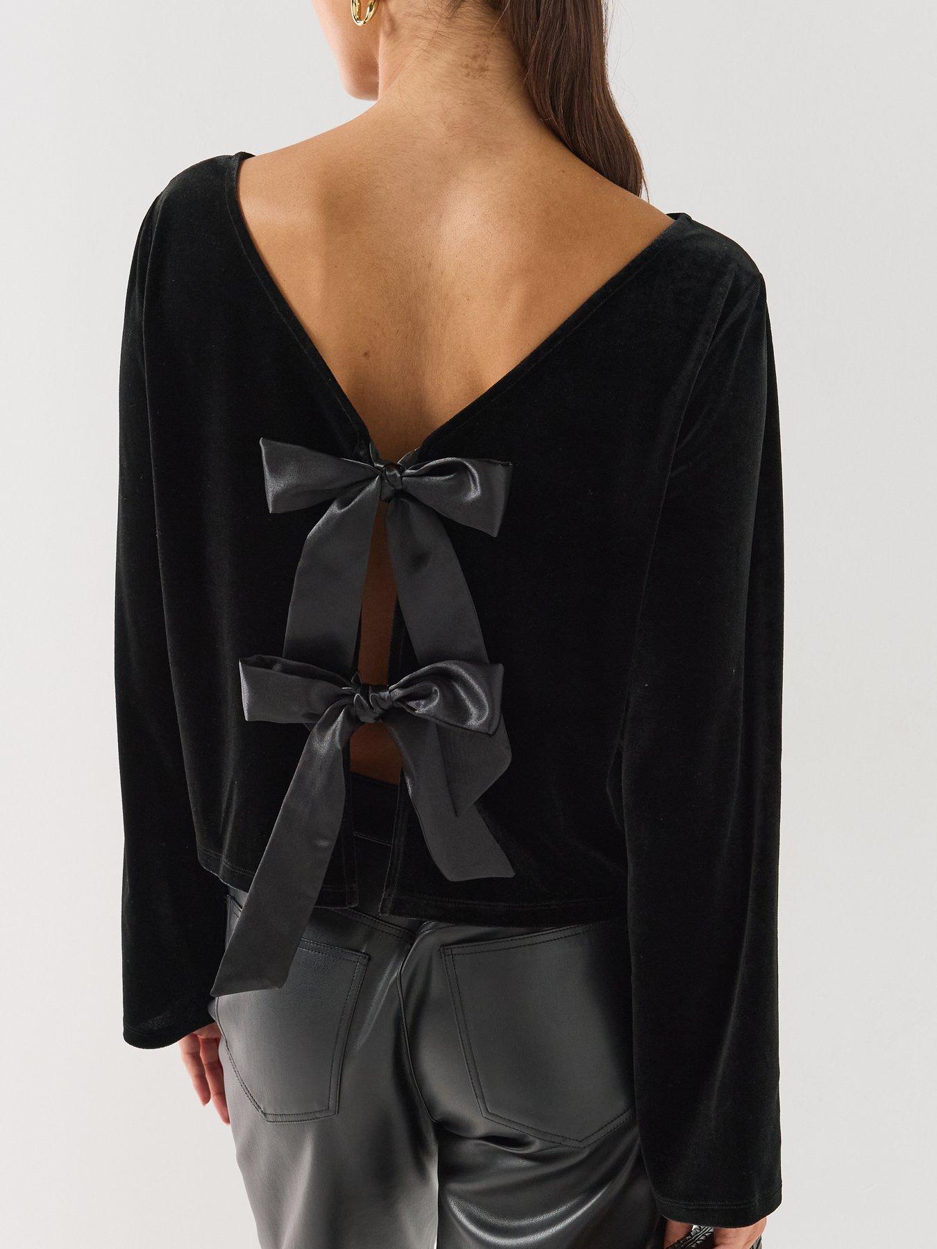 Image 4 of 6 of JDY Womens Jdyvictory Velvet-look Open Back Bow Blouse - Black
