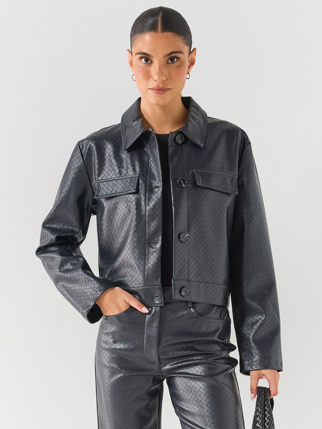 Image 1 of 6 of JDY Womens Textured Cropped Faux Leather Jacket - Brown