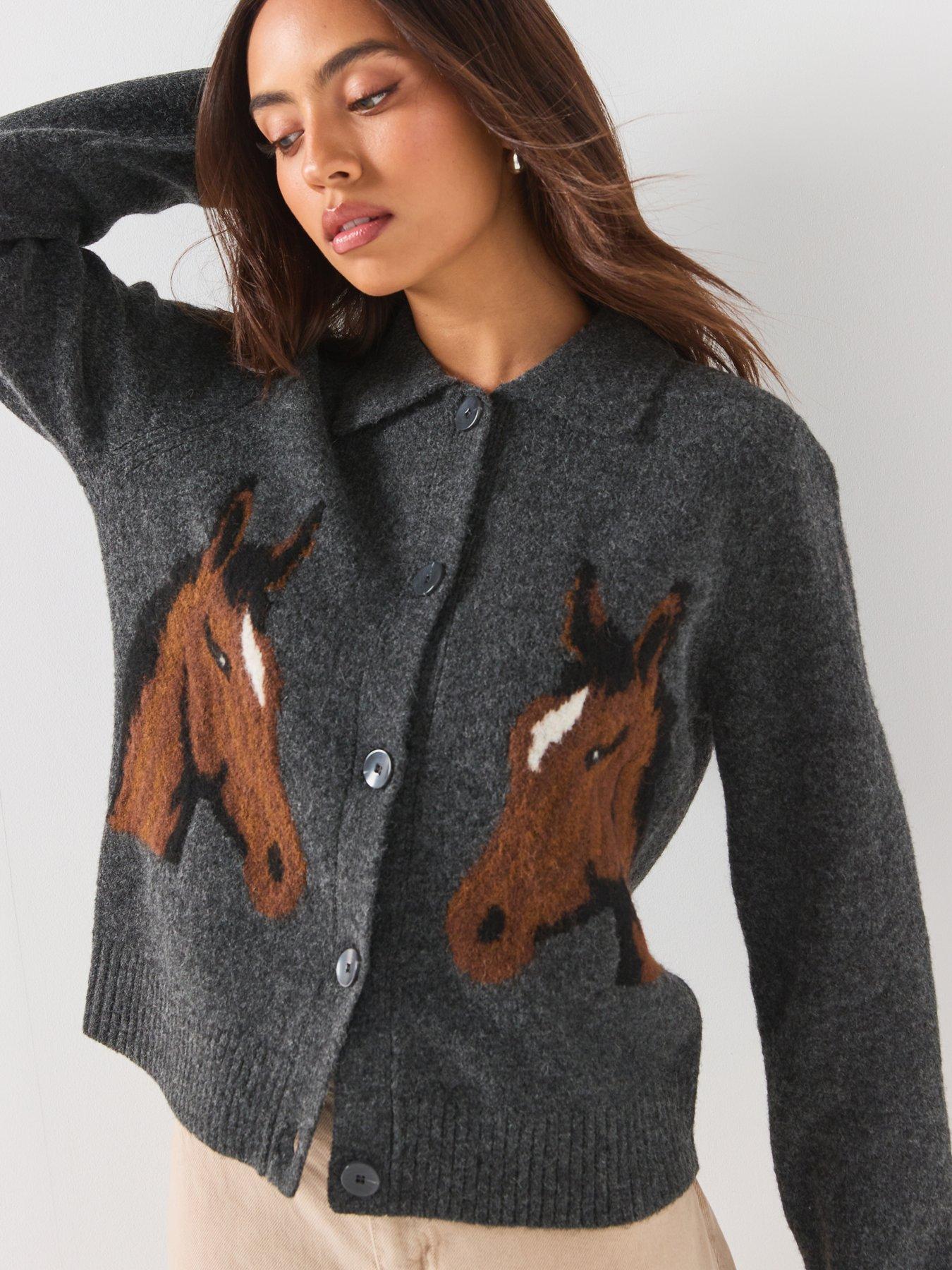 Image 1 of 6 of Vero Moda Womens Vmcavallo Horse Jacquard Polo Collar Button Through Cardigan - Grey