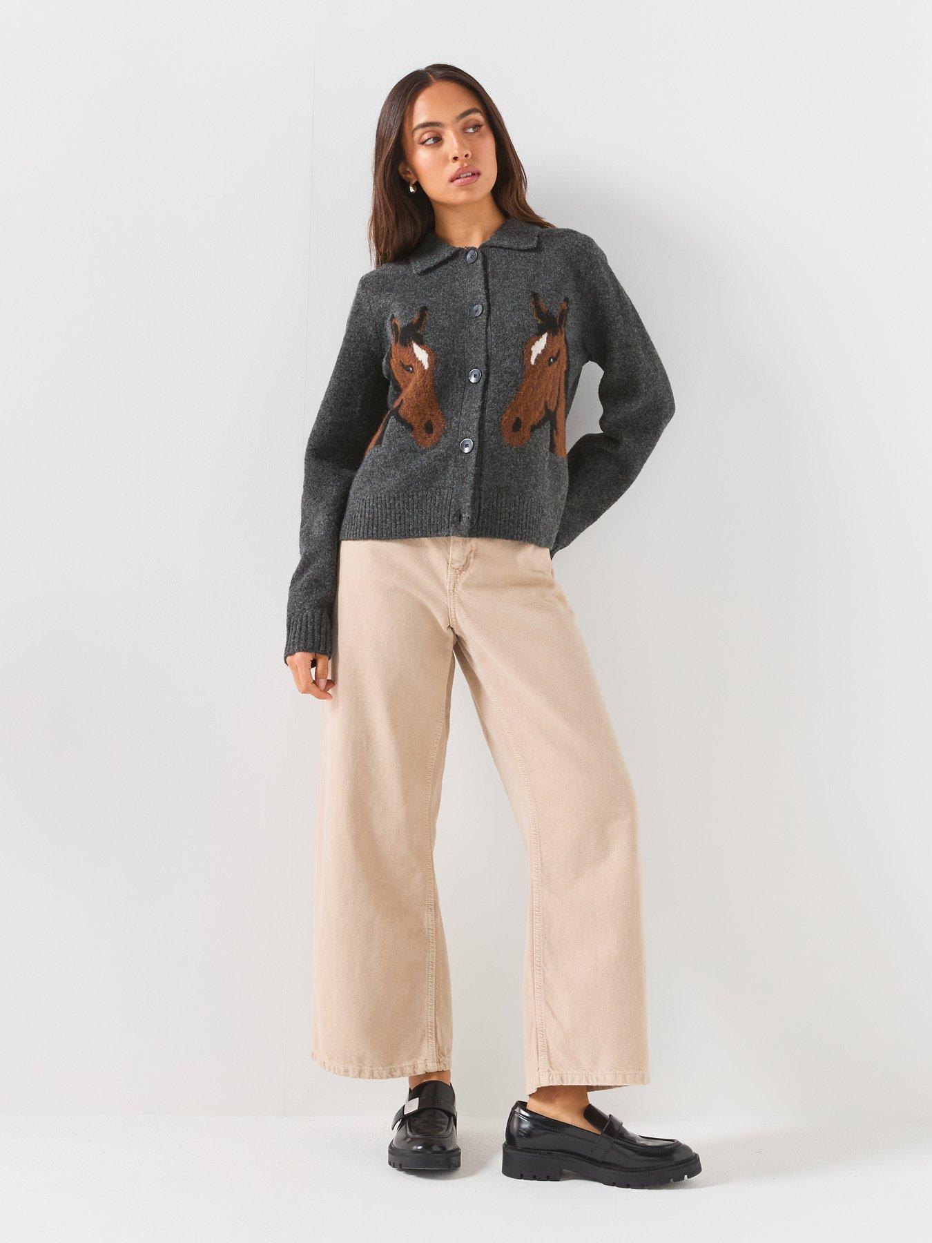Image 3 of 6 of Vero Moda Womens Vmcavallo Horse Jacquard Polo Collar Button Through Cardigan - Grey