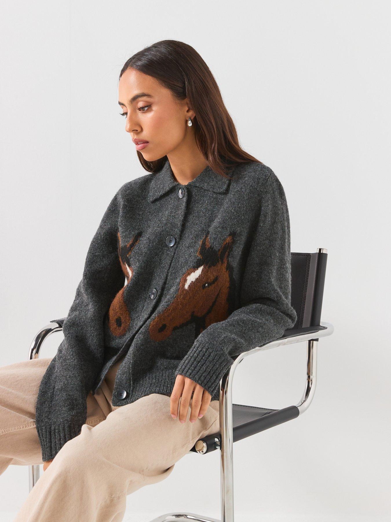Image 4 of 6 of Vero Moda Womens Vmcavallo Horse Jacquard Polo Collar Button Through Cardigan - Grey