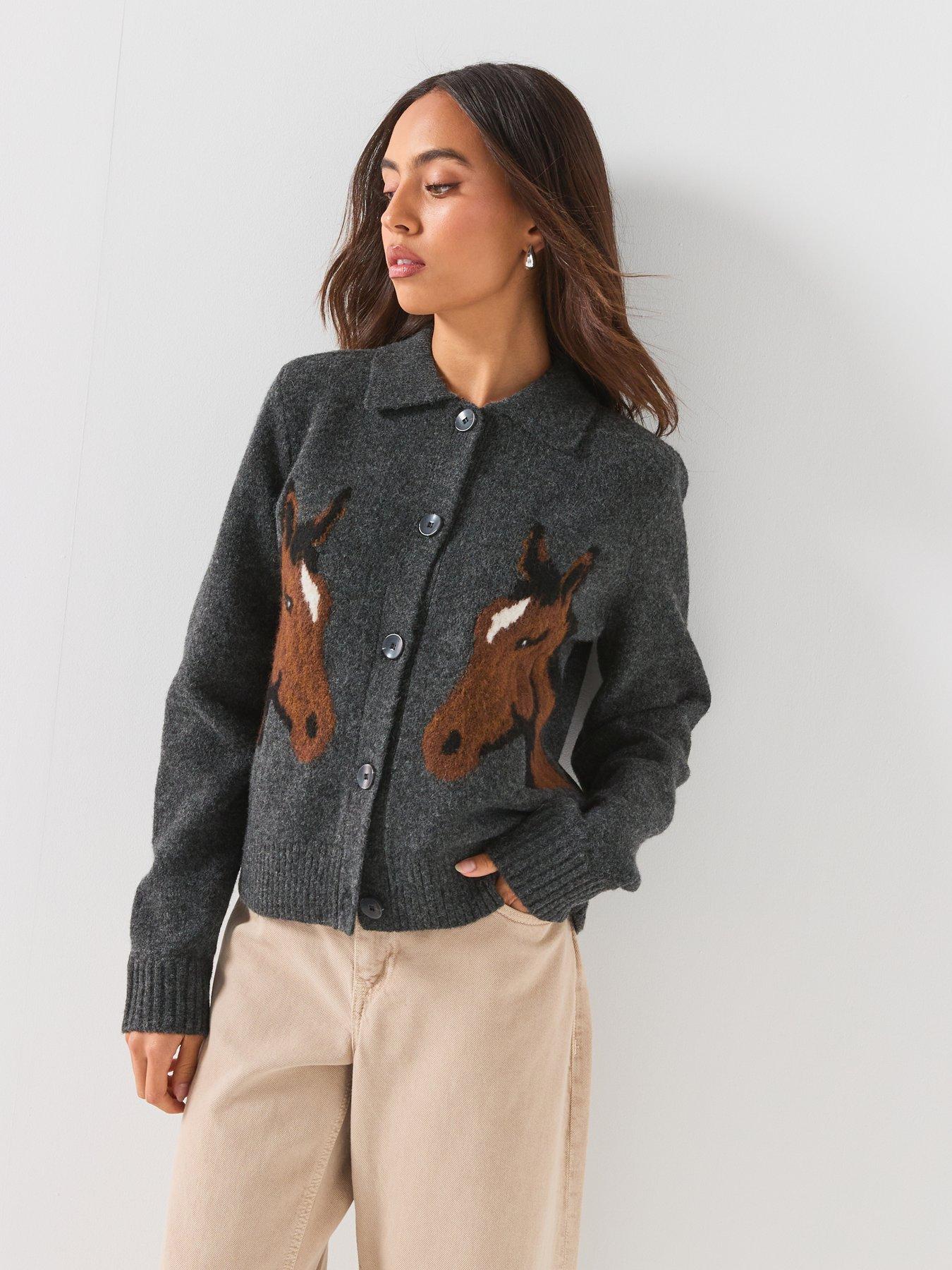 Image 5 of 6 of Vero Moda Womens Vmcavallo Horse Jacquard Polo Collar Button Through Cardigan - Grey