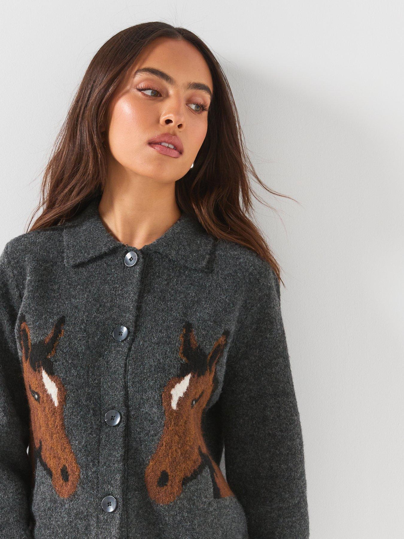 Image 6 of 6 of Vero Moda Womens Vmcavallo Horse Jacquard Polo Collar Button Through Cardigan - Grey