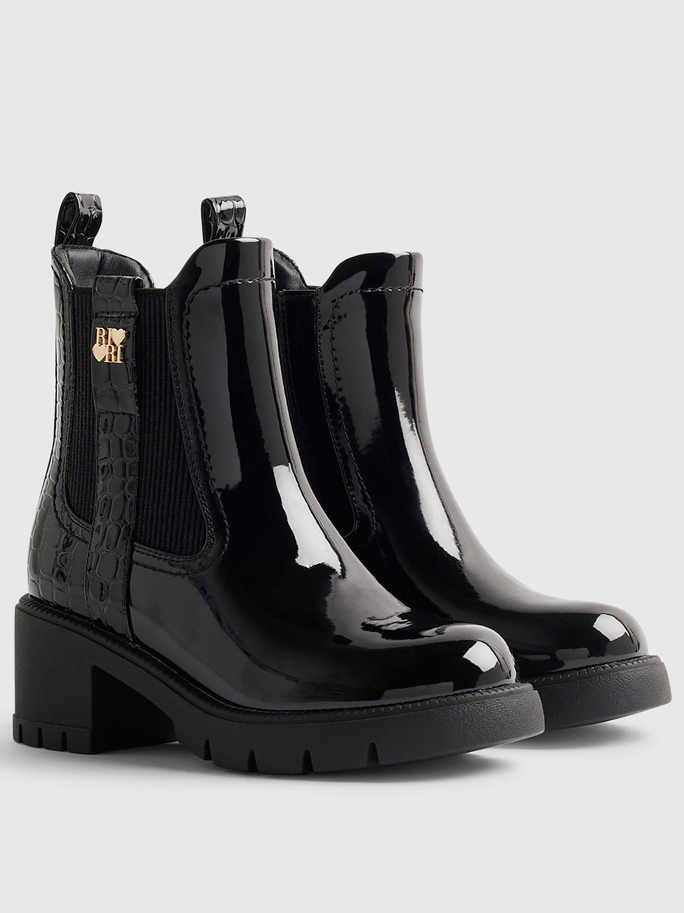 Image 2 of 5 of River Island Girls Patent Snake Heeled Chelsea Boots - Black