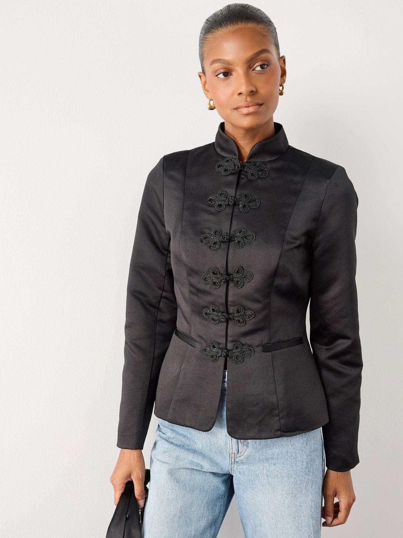 Image 1 of 7 of The Very Collection Womens Structured Satin Mandarin Frog Fastening Jacket - Black