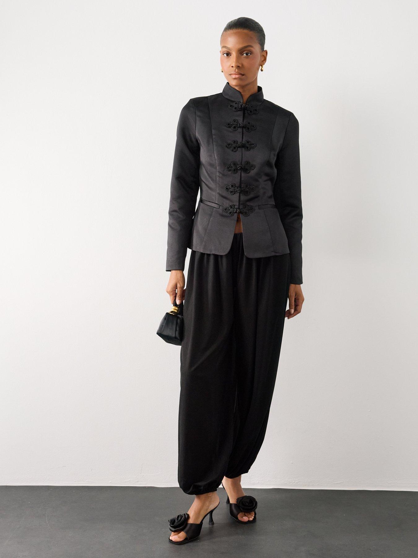 Image 3 of 7 of The Very Collection Womens Structured Satin Mandarin Frog Fastening Jacket - Black