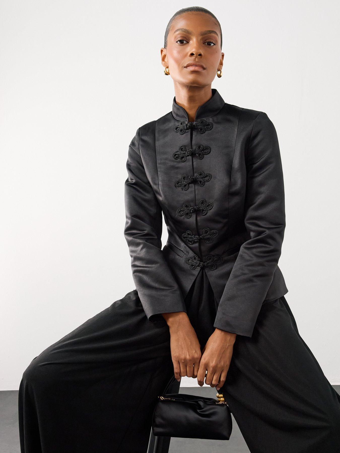 Image 4 of 7 of The Very Collection Womens Structured Satin Mandarin Frog Fastening Jacket - Black
