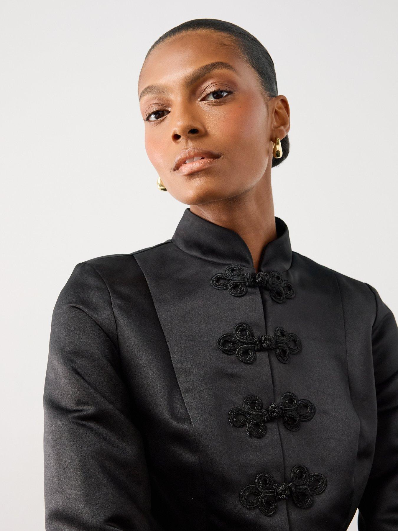 Image 5 of 7 of The Very Collection Womens Structured Satin Mandarin Frog Fastening Jacket - Black