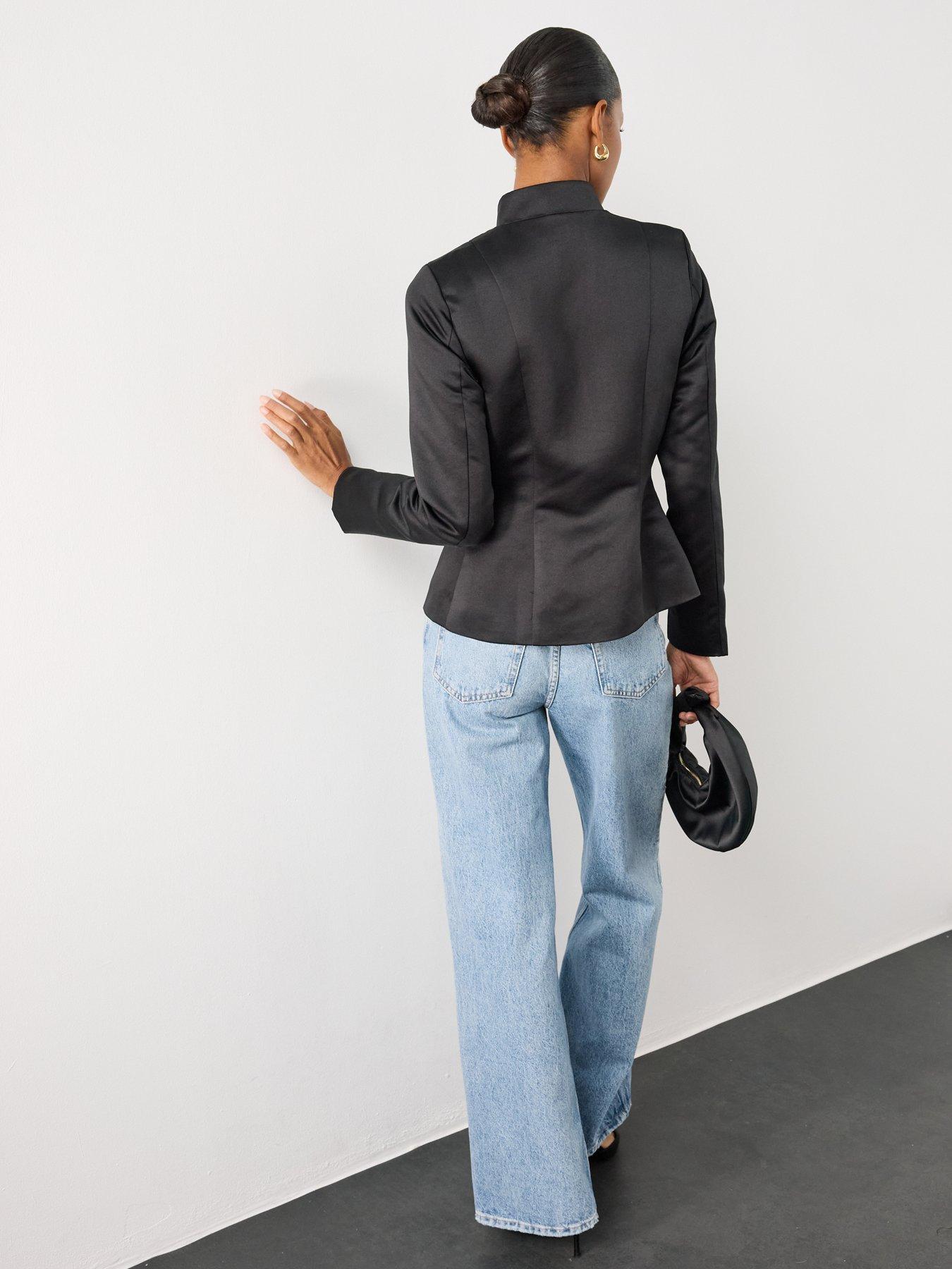 Image 6 of 7 of The Very Collection Womens Structured Satin Mandarin Frog Fastening Jacket - Black
