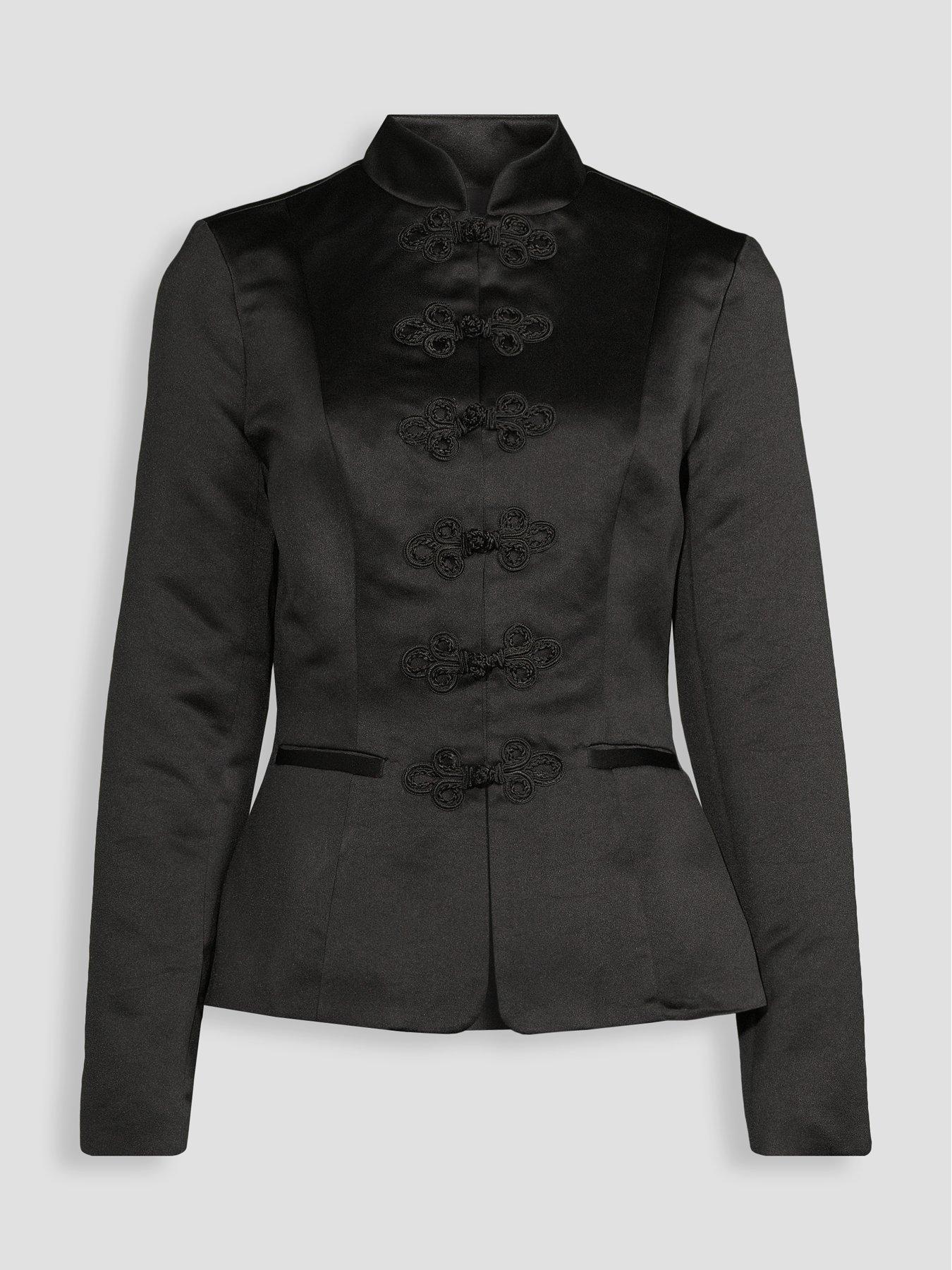Image 7 of 7 of The Very Collection Womens Structured Satin Mandarin Frog Fastening Jacket - Black