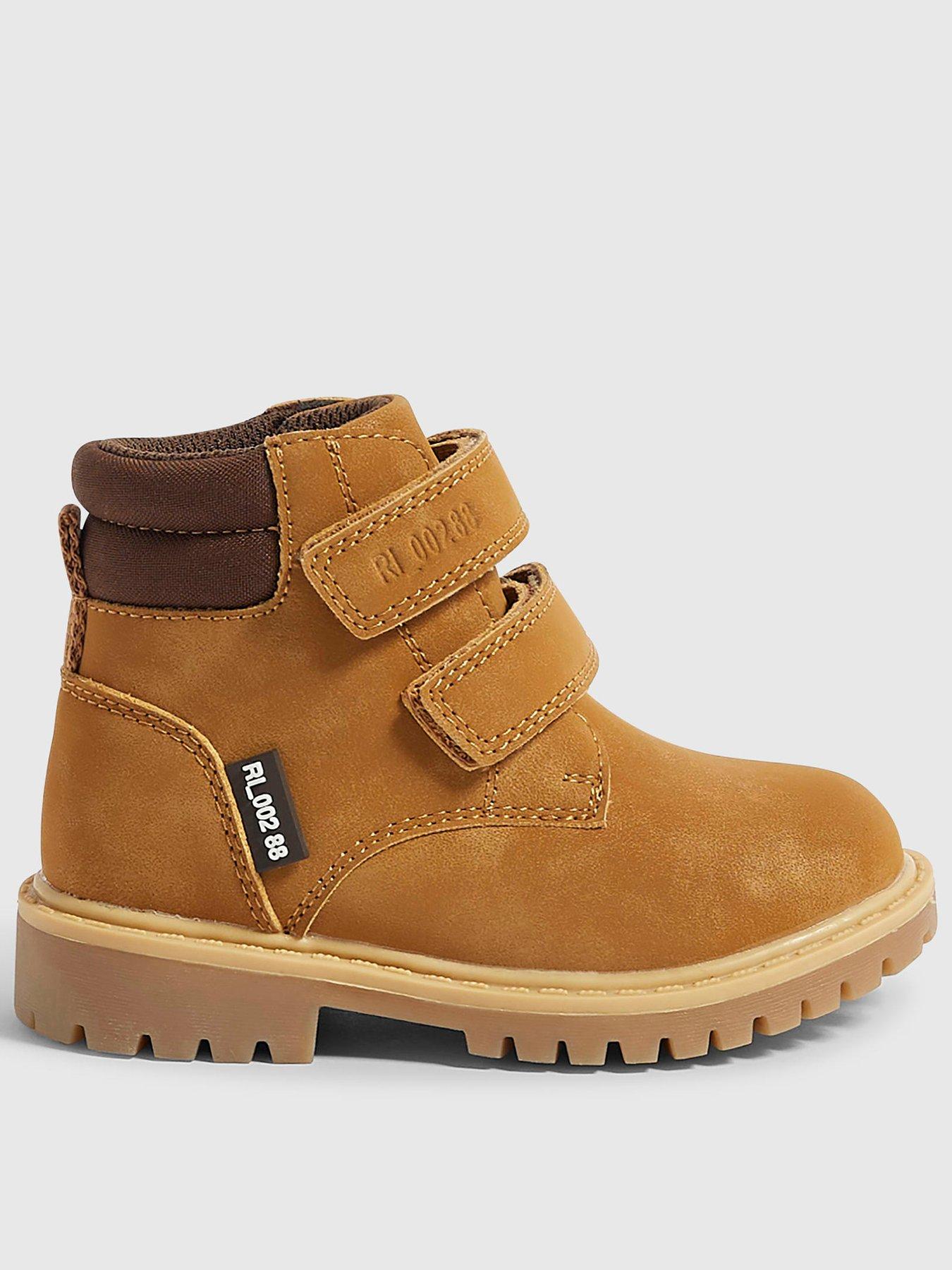 Image 1 of 5 of River Island Mini Mini Boys Worker Double Riptape Chunky Sole Boots - Brown