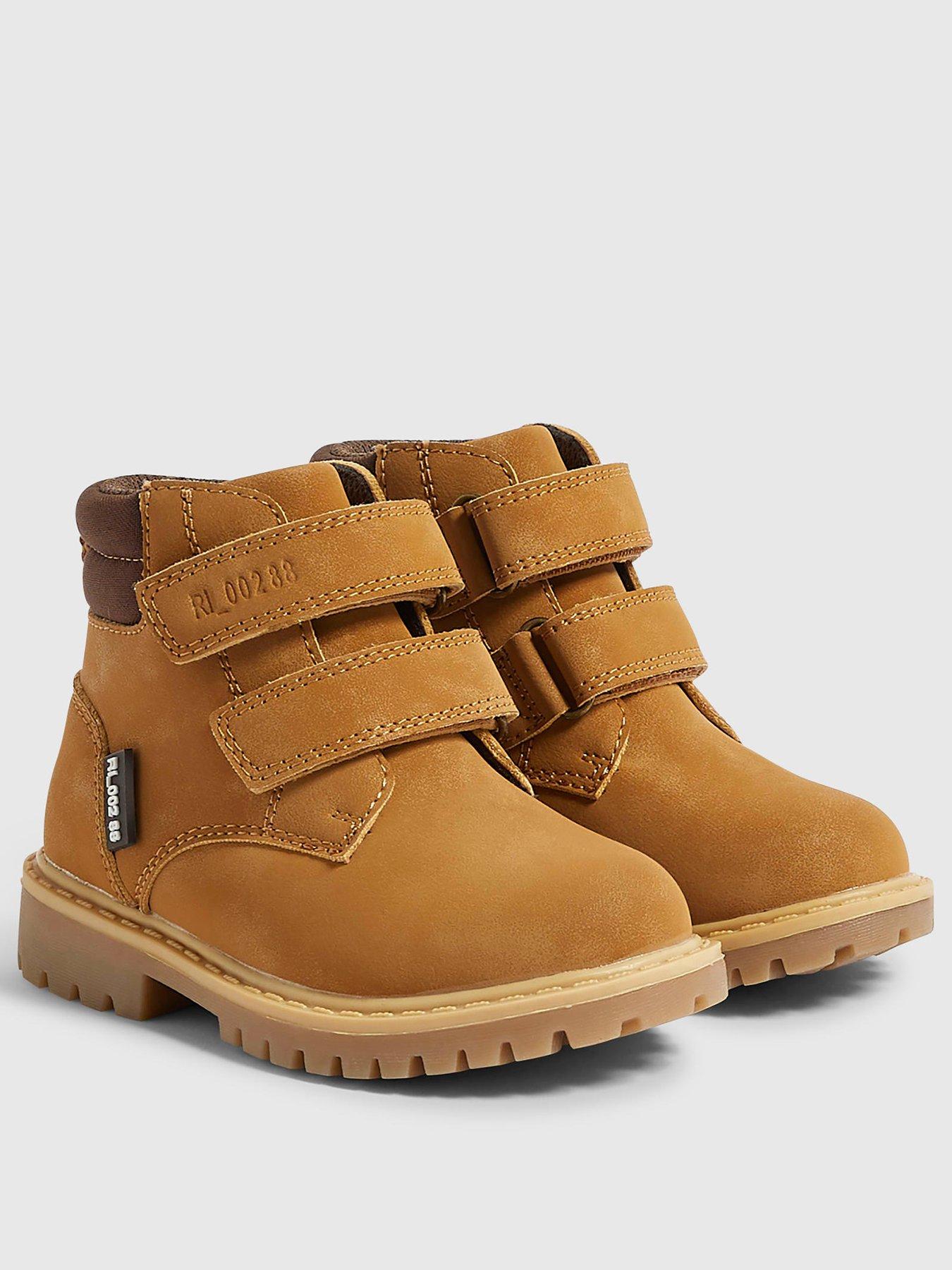 Image 2 of 5 of River Island Mini Mini Boys Worker Double Riptape Chunky Sole Boots - Brown