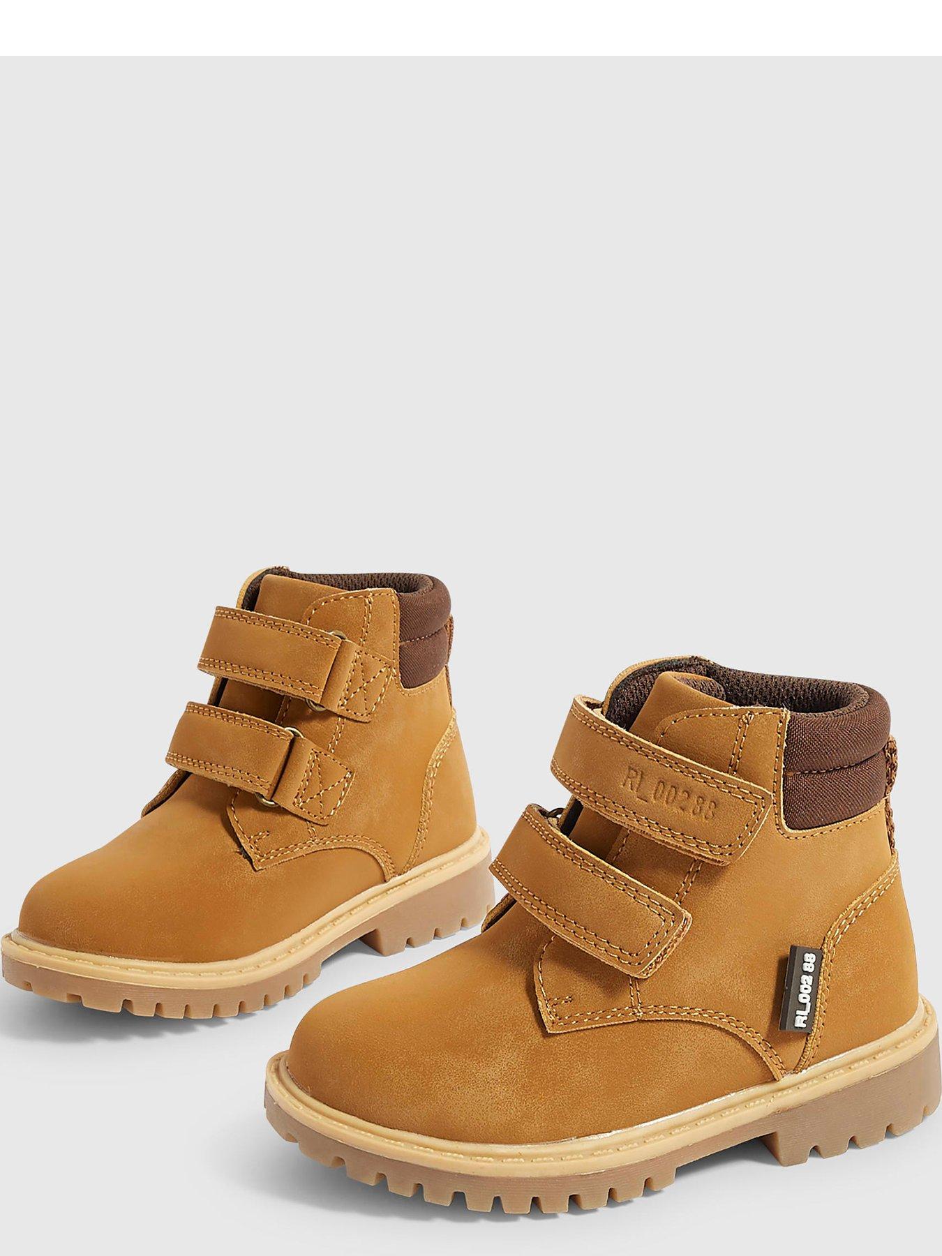 Image 4 of 5 of River Island Mini Mini Boys Worker Double Riptape Chunky Sole Boots - Brown