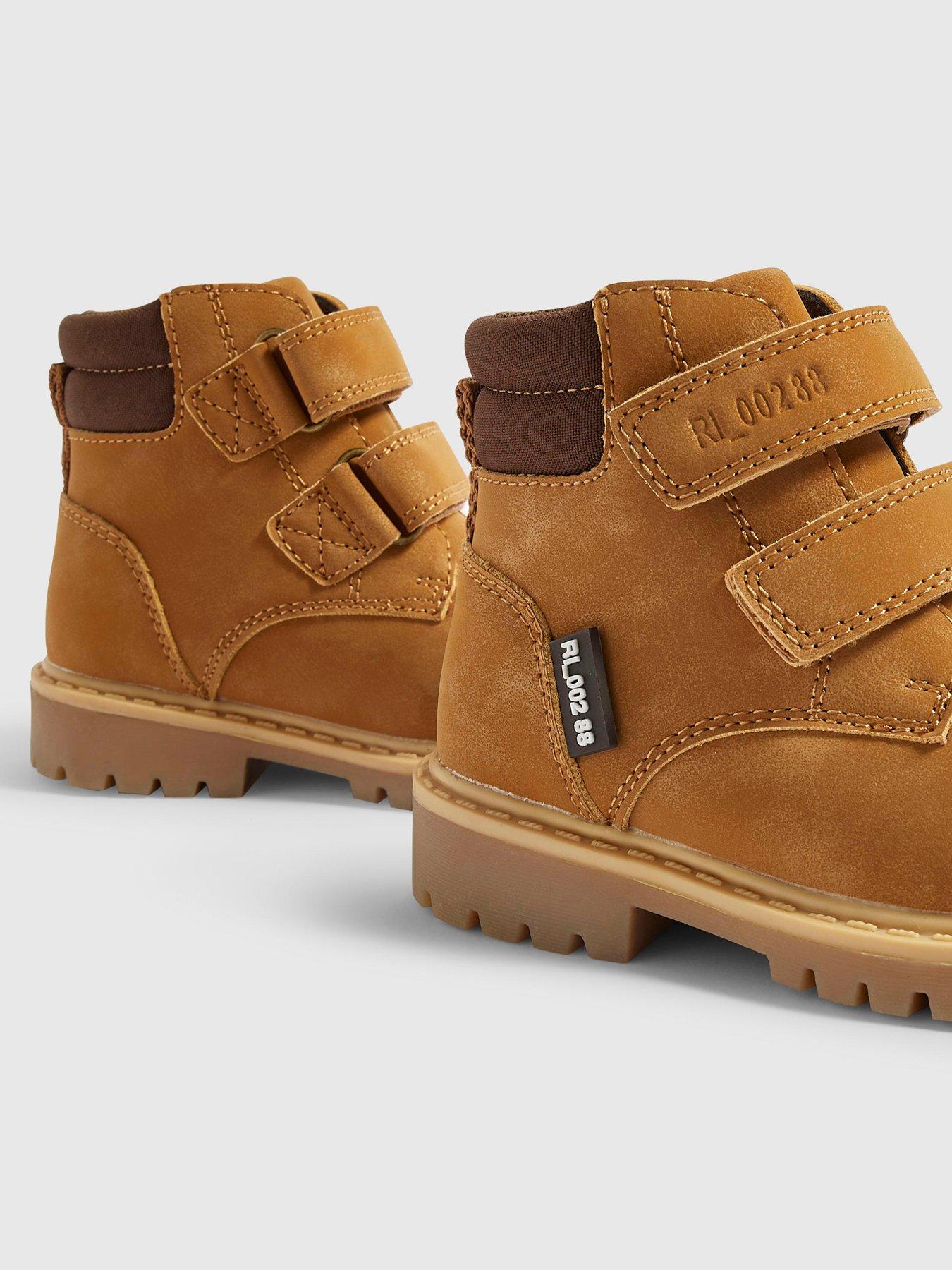Image 5 of 5 of River Island Mini Mini Boys Worker Double Riptape Chunky Sole Boots - Brown