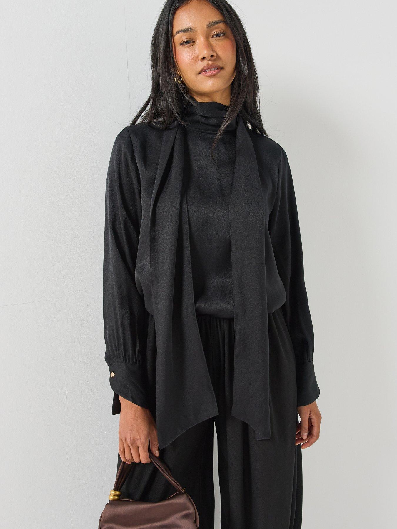 Image 1 of 6 of JDY Womens Tie Neck Satin Look Blouse - Black