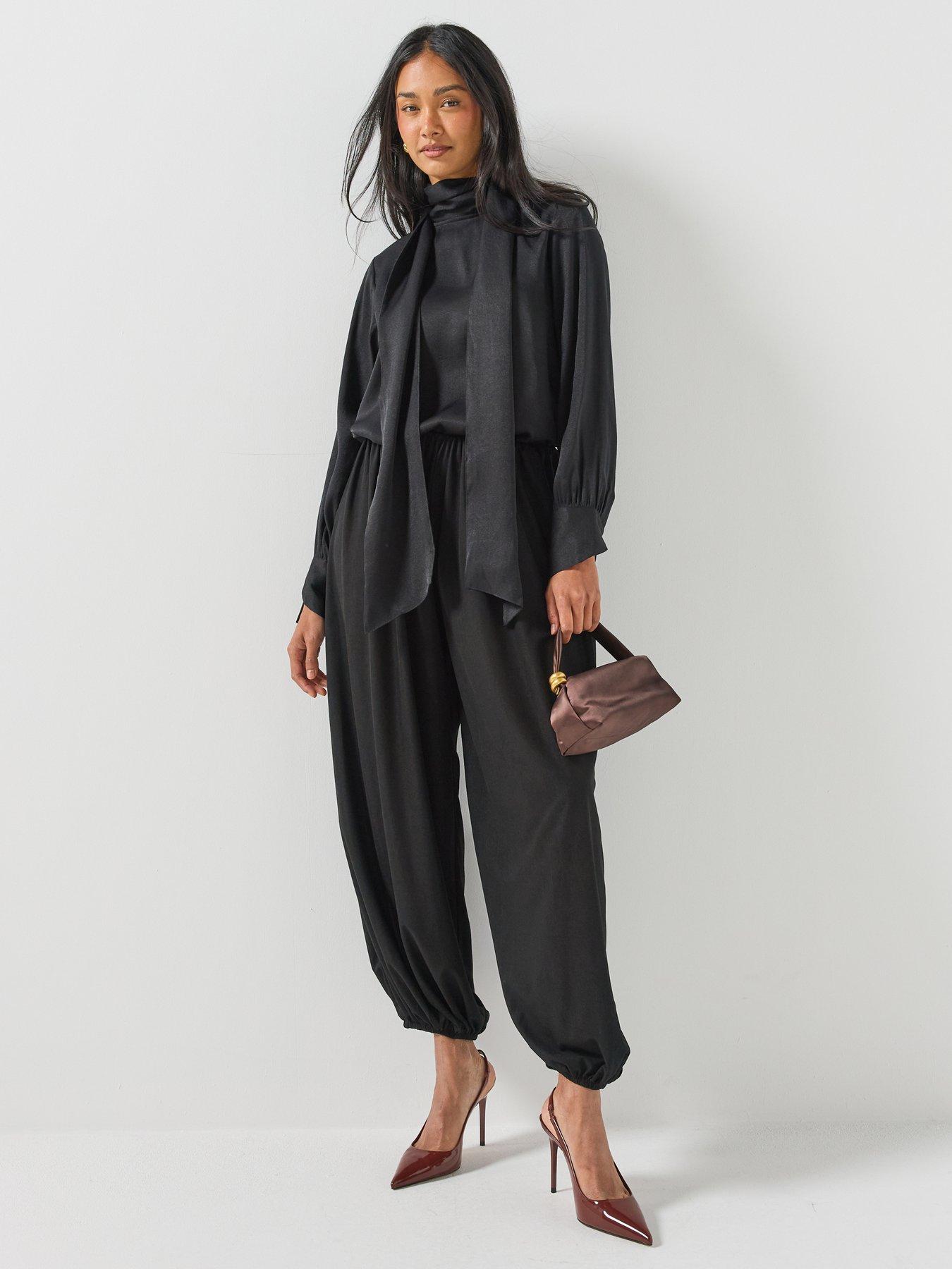 Image 3 of 6 of JDY Womens Tie Neck Satin Look Blouse - Black