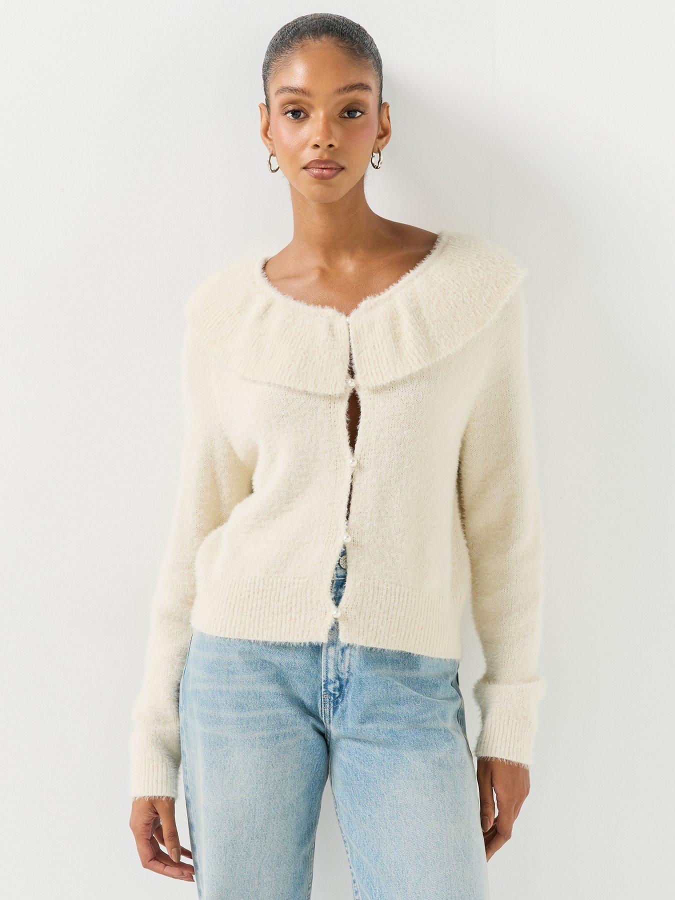 Image 1 of 6 of Vero Moda Womens PUFF Ruffle Collar V-Neck Cardigan - Beige
