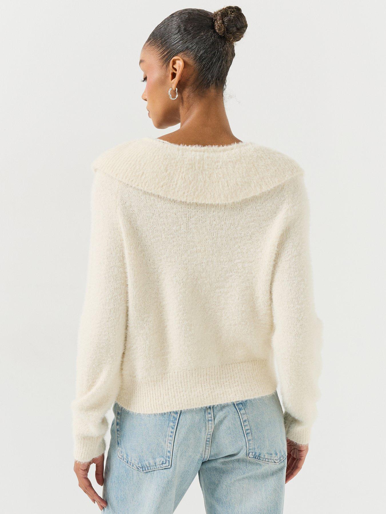 Image 2 of 6 of Vero Moda Womens PUFF Ruffle Collar V-Neck Cardigan - Beige
