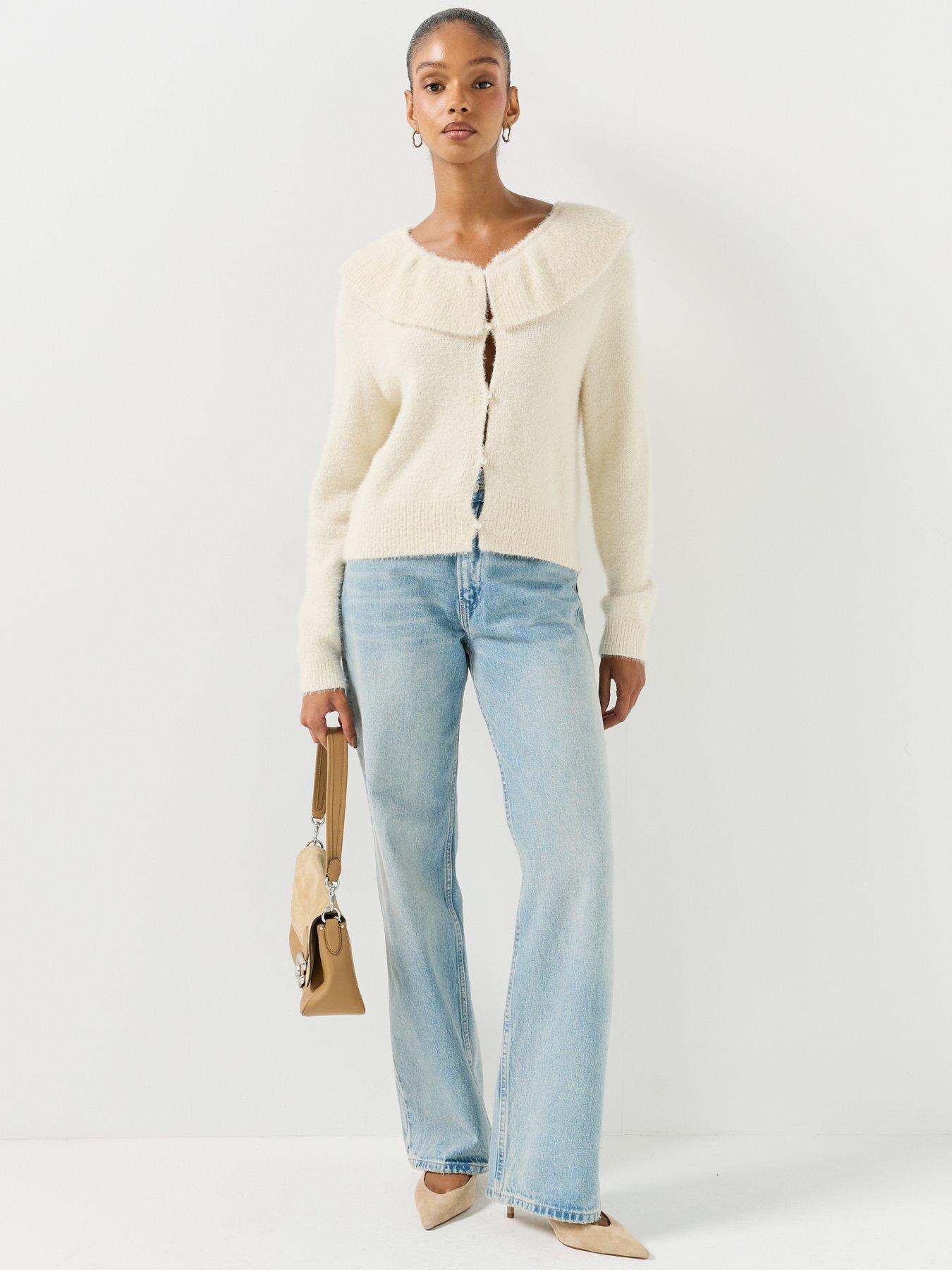 Image 3 of 6 of Vero Moda Womens PUFF Ruffle Collar V-Neck Cardigan - Beige